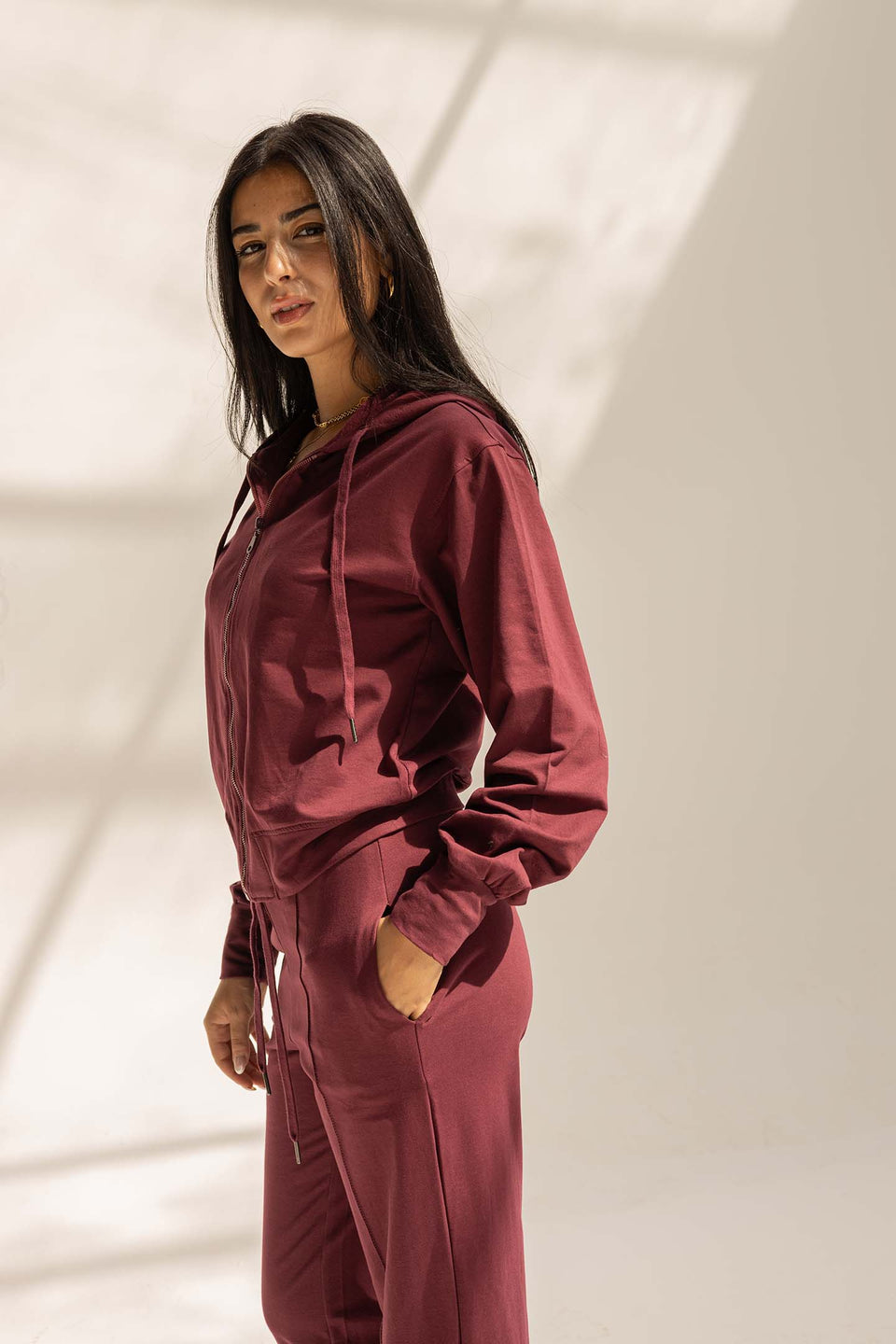 Burgundy Comfy Melton Zipped Hoodie
