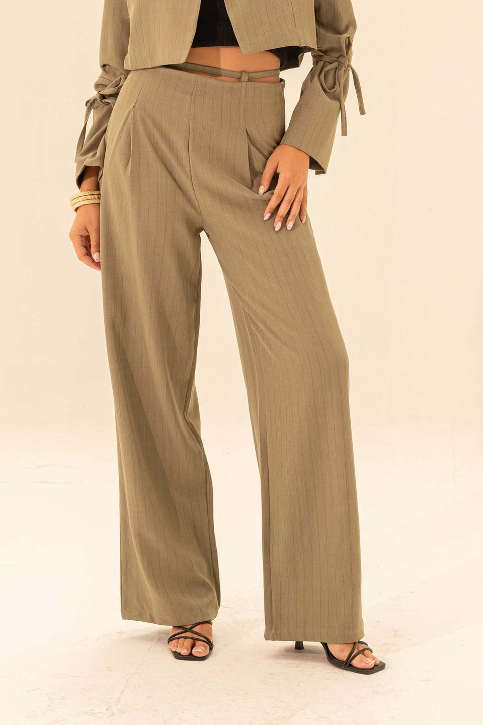 Olive Striped Tailored Pants