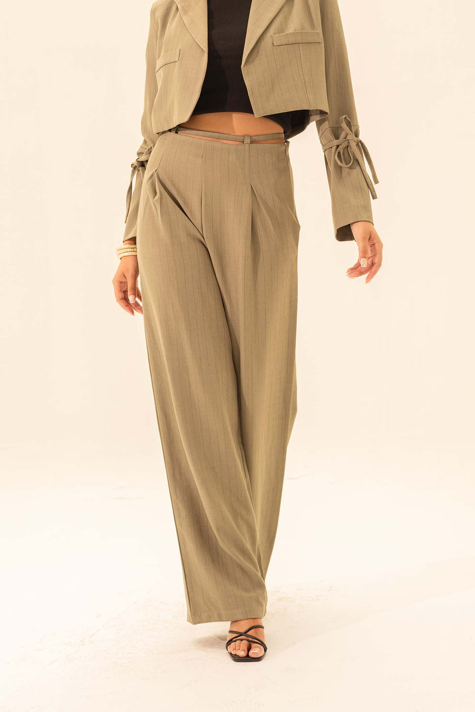 Olive Striped Tailored Pants