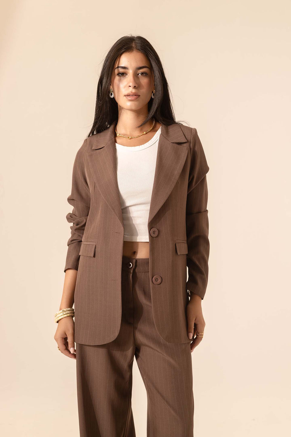 Brown Striped Formal Blazer