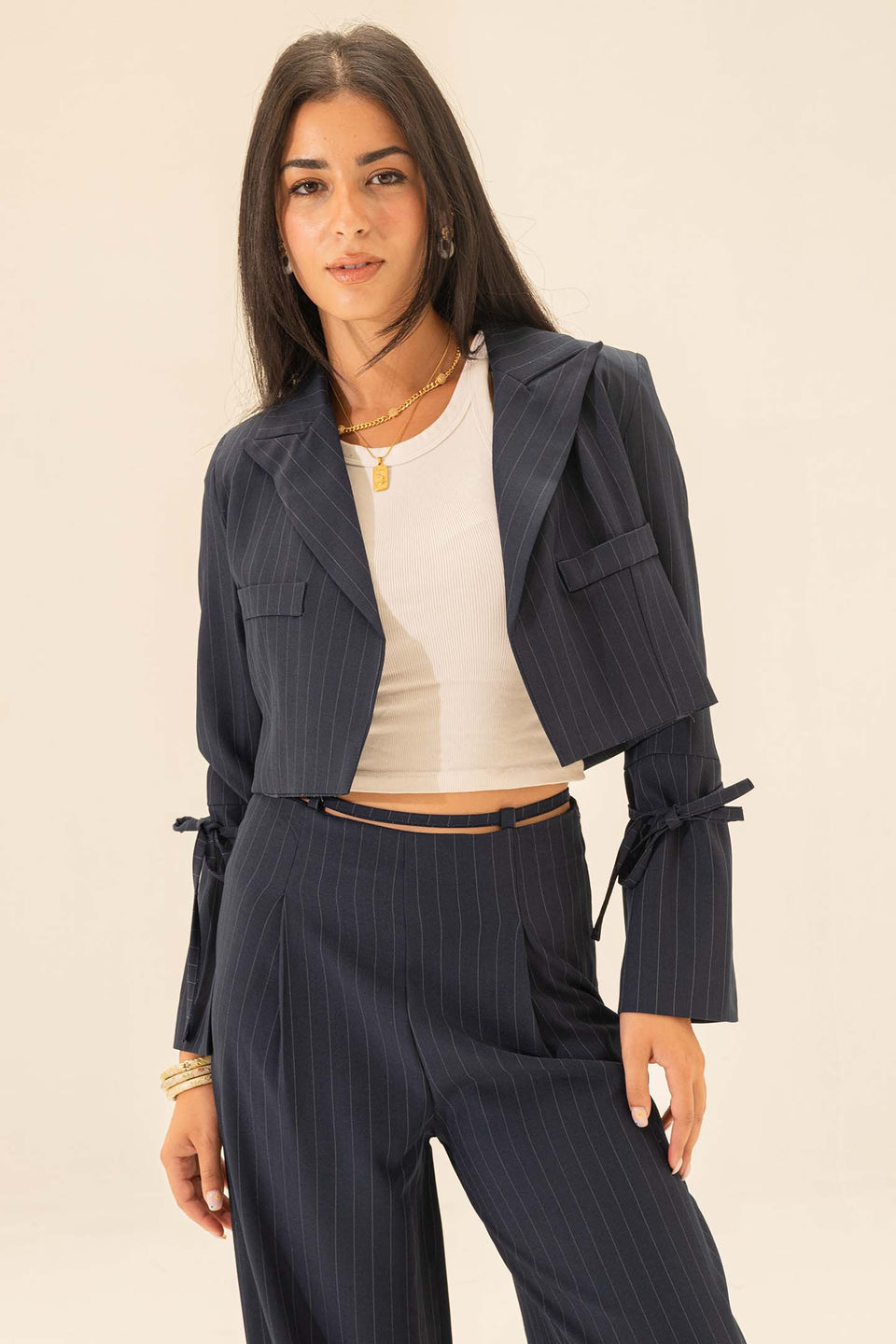 Navy Stiped Cropped Blazer