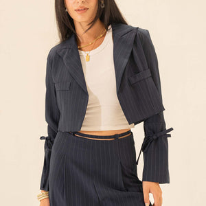 Navy Stiped Cropped Blazer