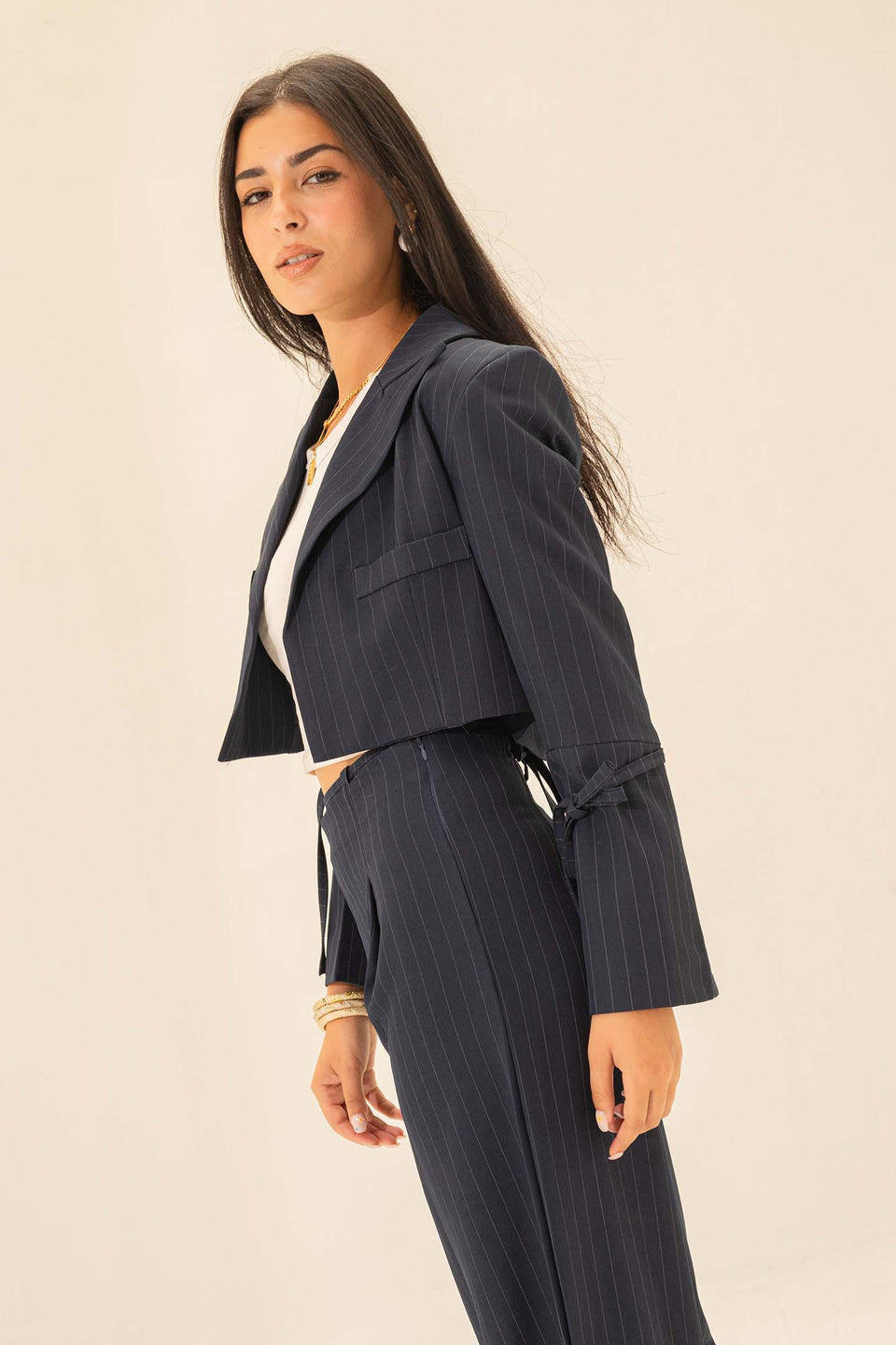 Navy Stiped Cropped Blazer