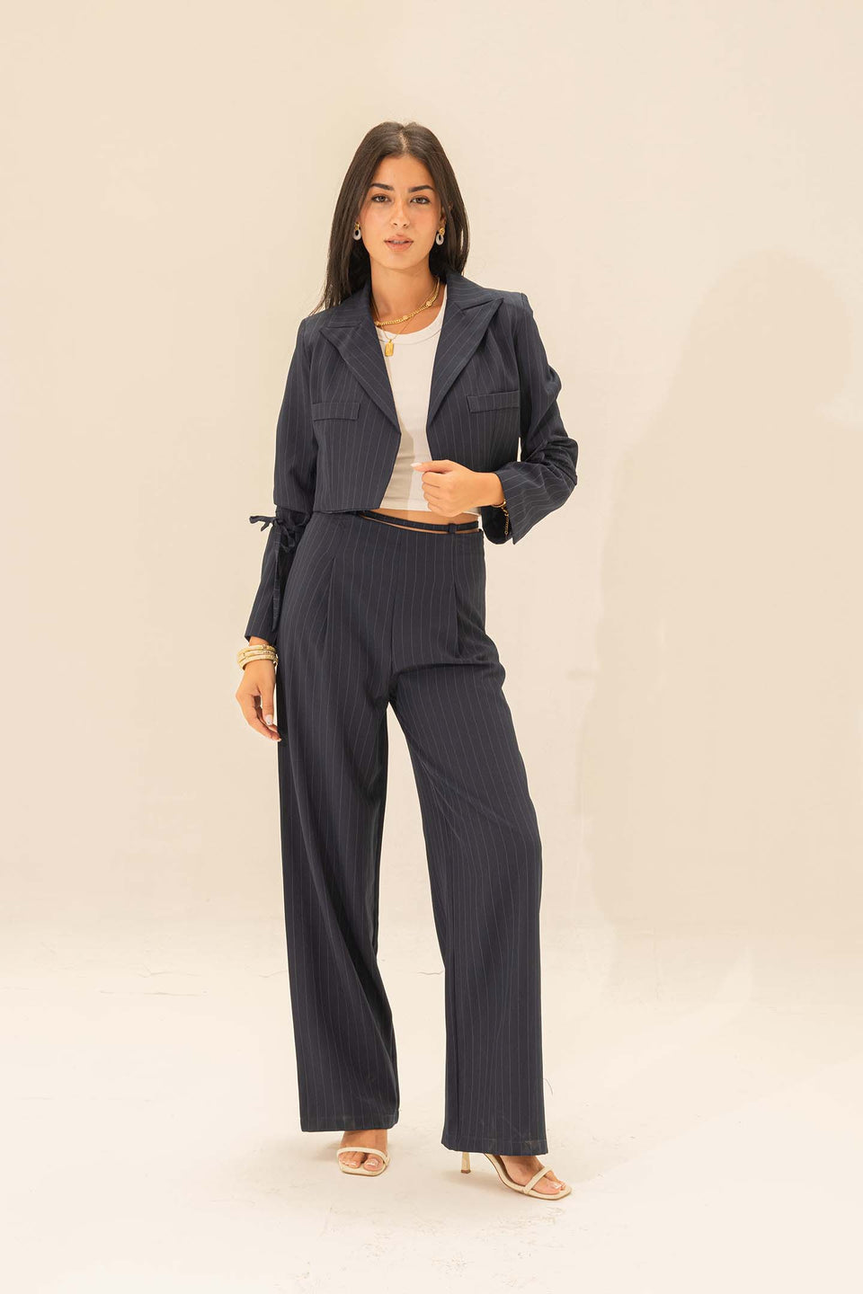 Navy Stiped Cropped Blazer