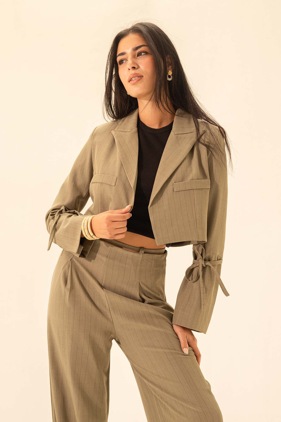 Olive Stiped Cropped Blazer