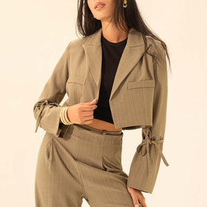 Olive Stiped Cropped Blazer