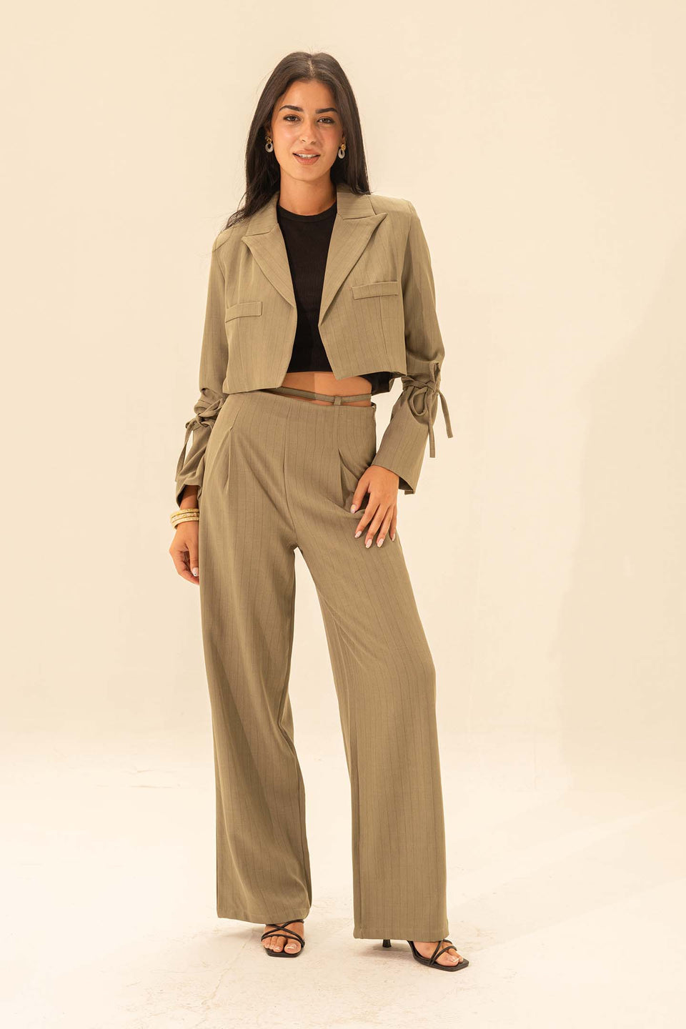Olive Stiped Cropped Blazer
