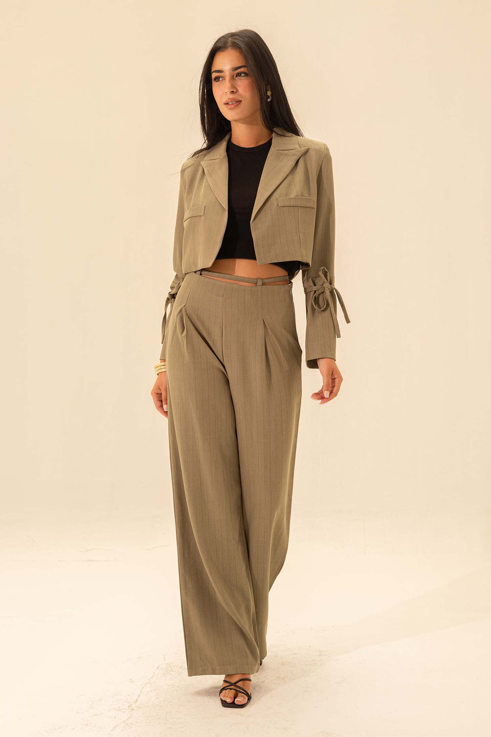 Olive Stiped Cropped Blazer