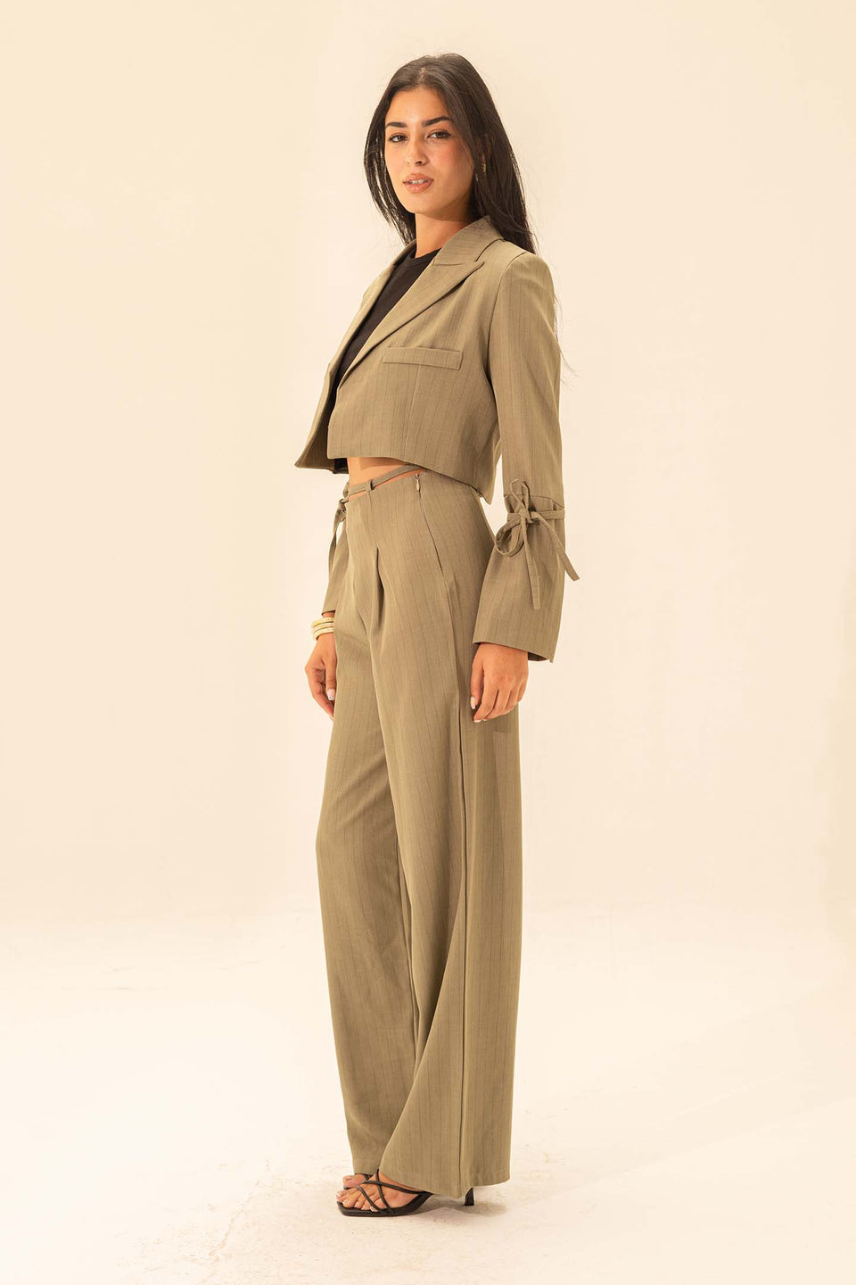 Olive Stiped Cropped Blazer