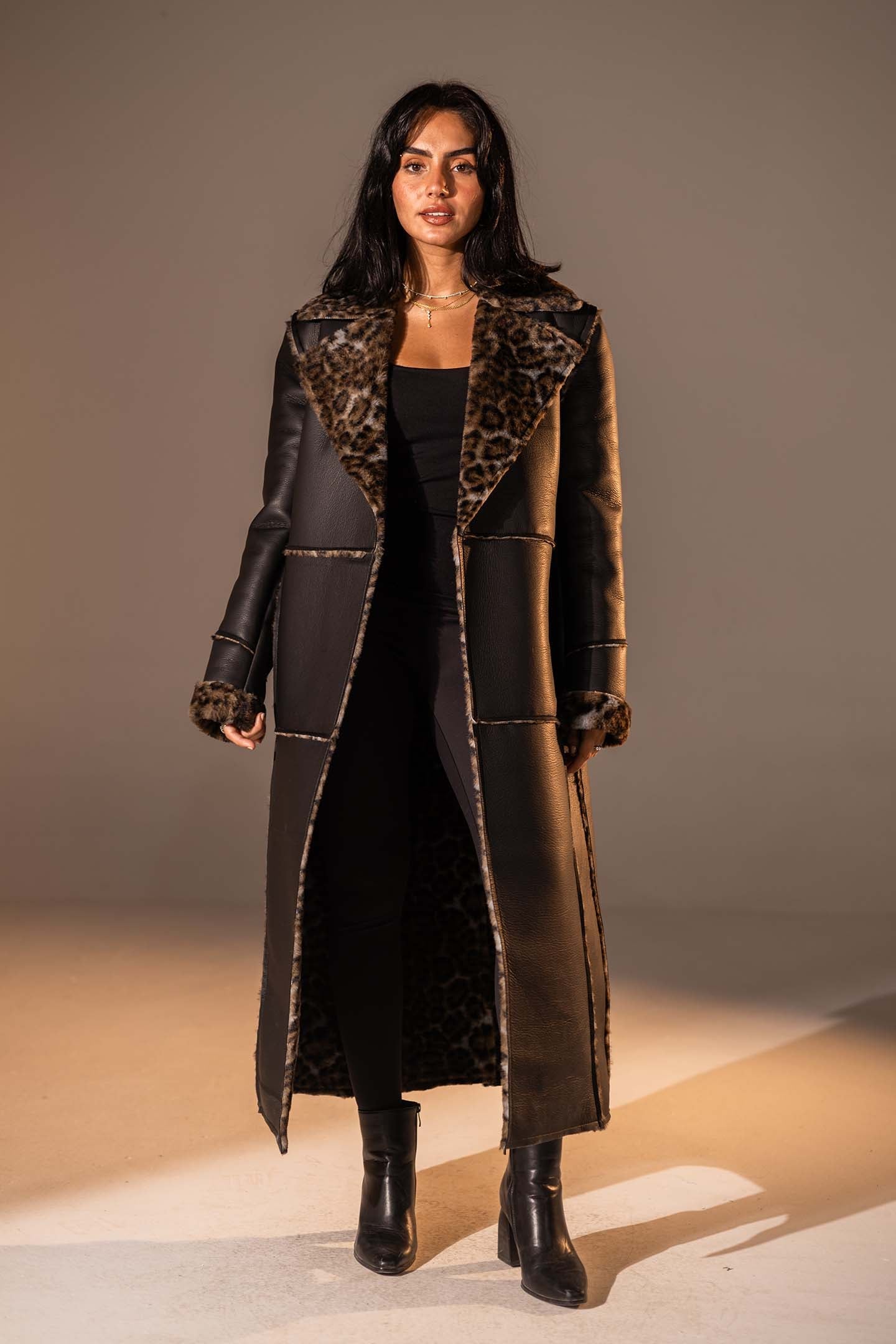 Black Long Faux Leather Leopard Shearling Coat