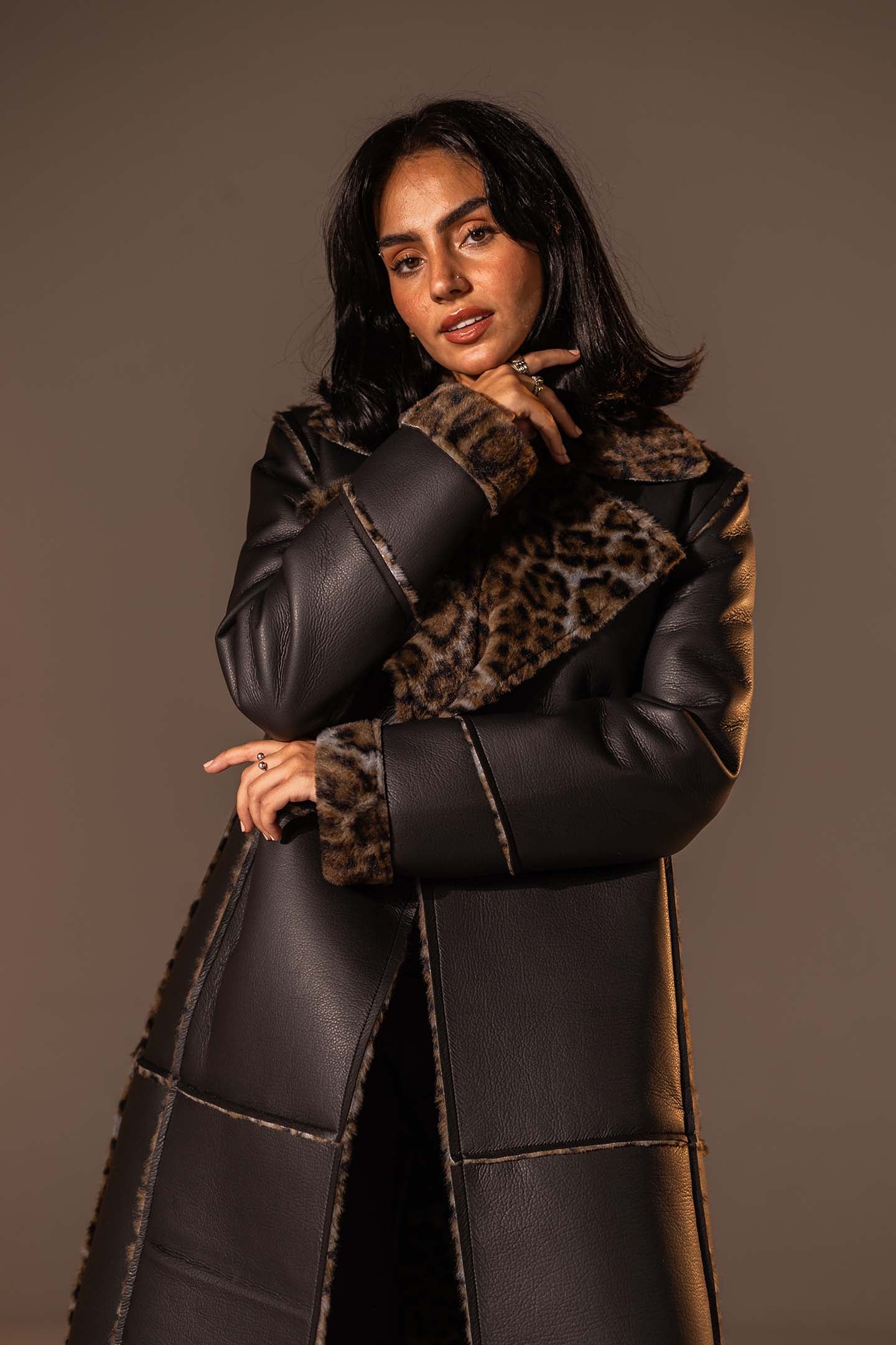 Black Long Faux Leather Leopard Shearling Coat