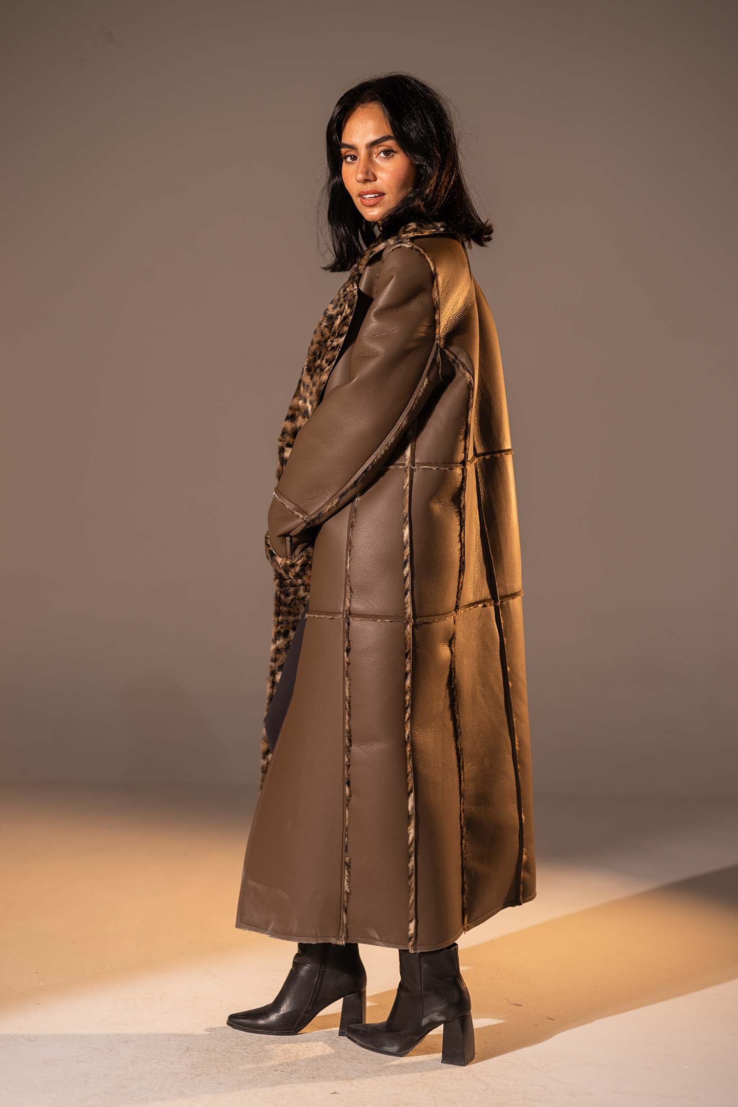 Brown Long Faux Leather Leopard Shearling Coat