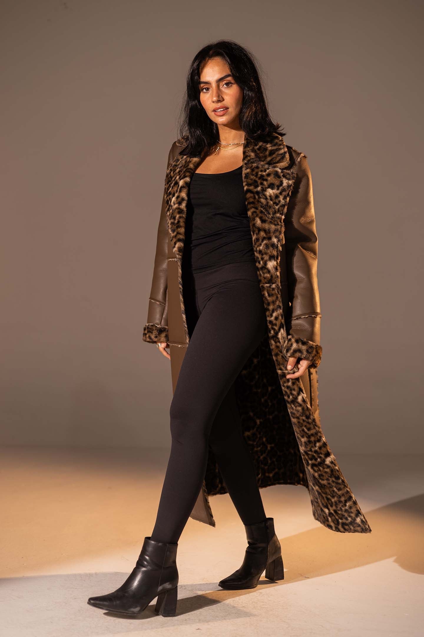 Brown Long Faux Leather Leopard Shearling Coat