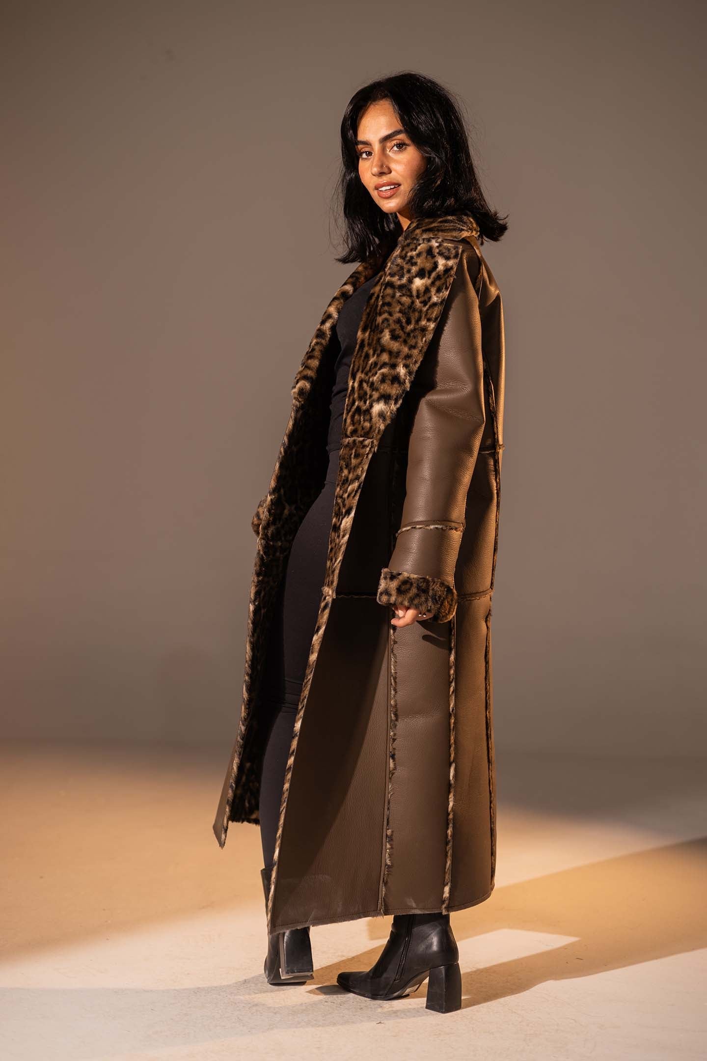 Brown Long Faux Leather Leopard Shearling Coat