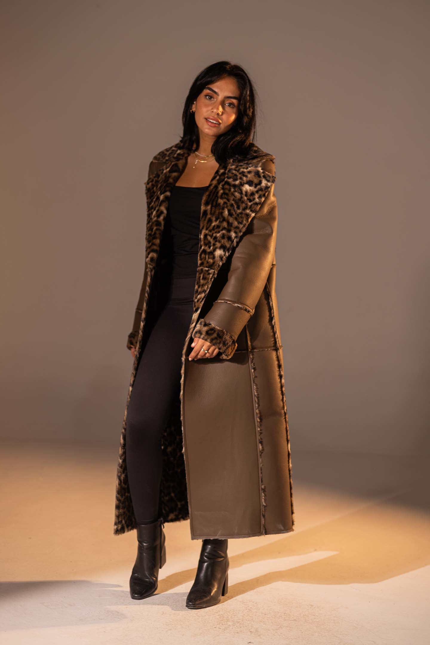 Brown Long Faux Leather Leopard Shearling Coat