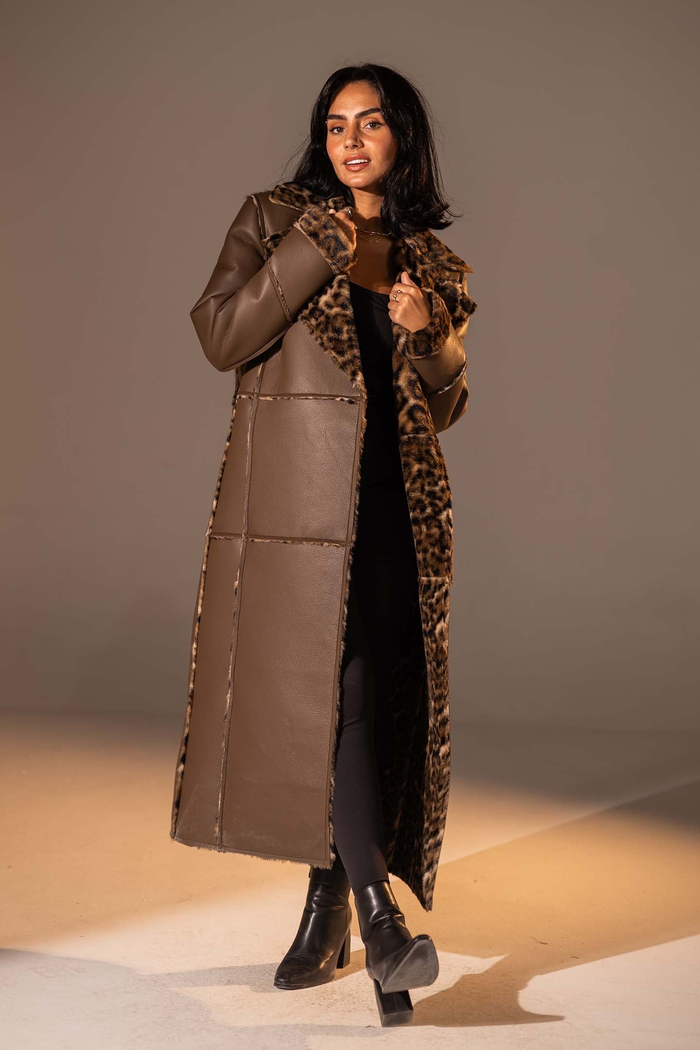 Brown Long Faux Leather Leopard Shearling Coat