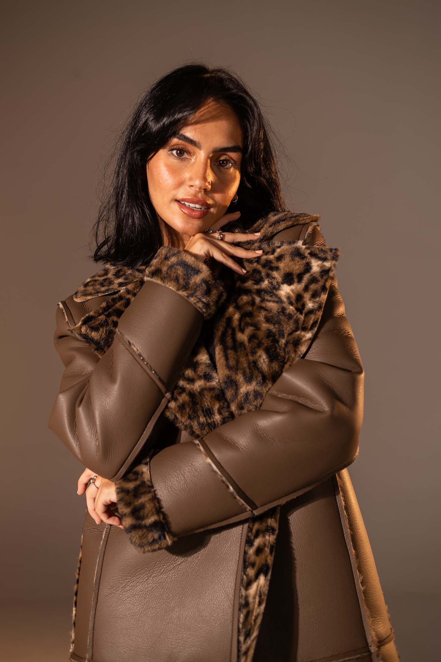 Brown Long Faux Leather Leopard Shearling Coat
