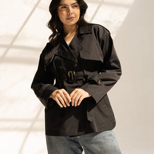 Black Short Trench Coat with Belt