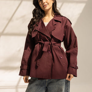 Burgundy Short Trench Coat with Belt