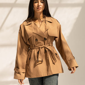 Coffe Short Trench Coat with Belt
