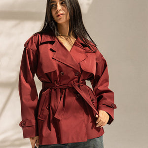 Dark Red Short Trench Coat with Belt