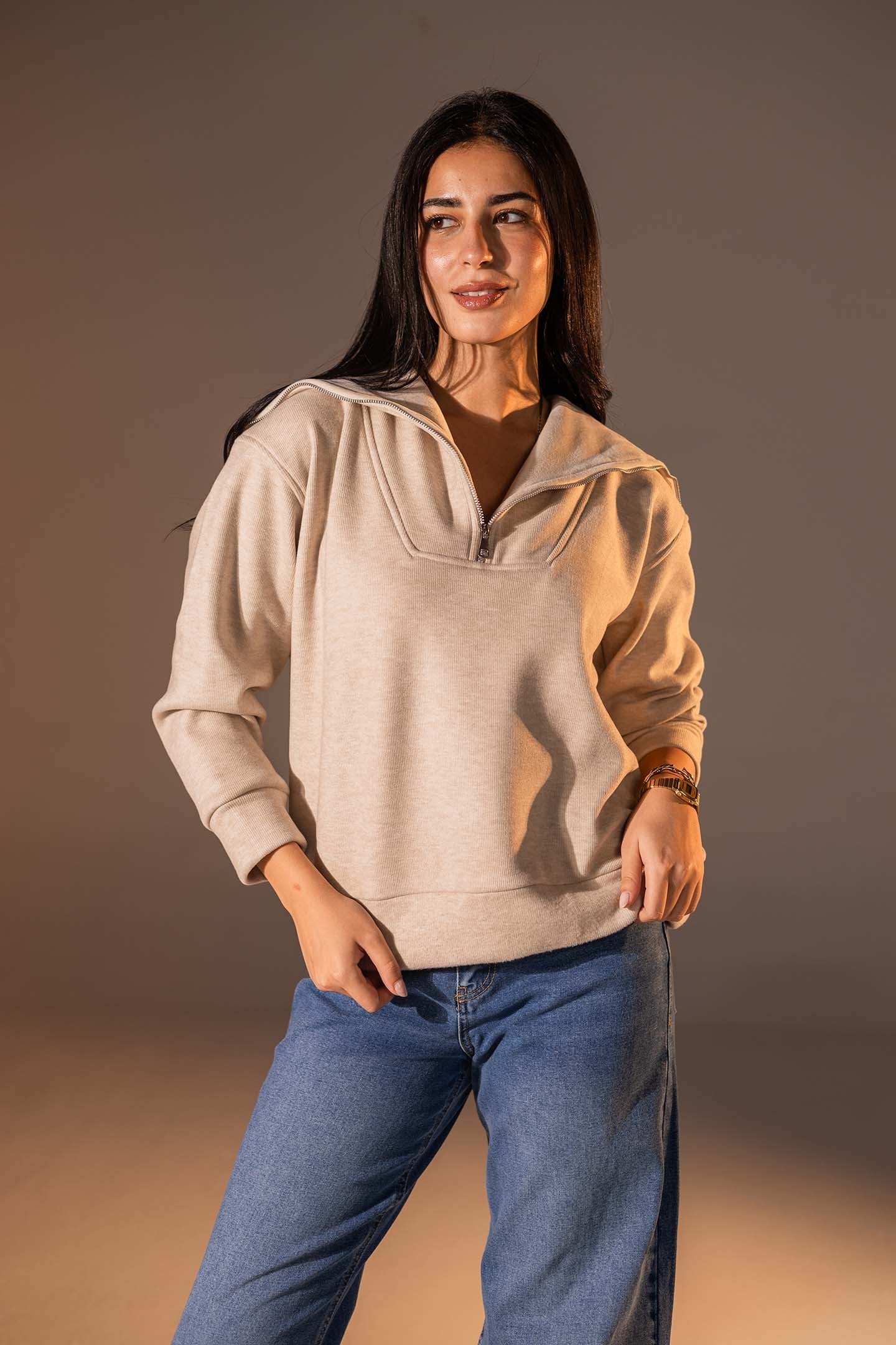 Beige Half-Zip Knit Sweater