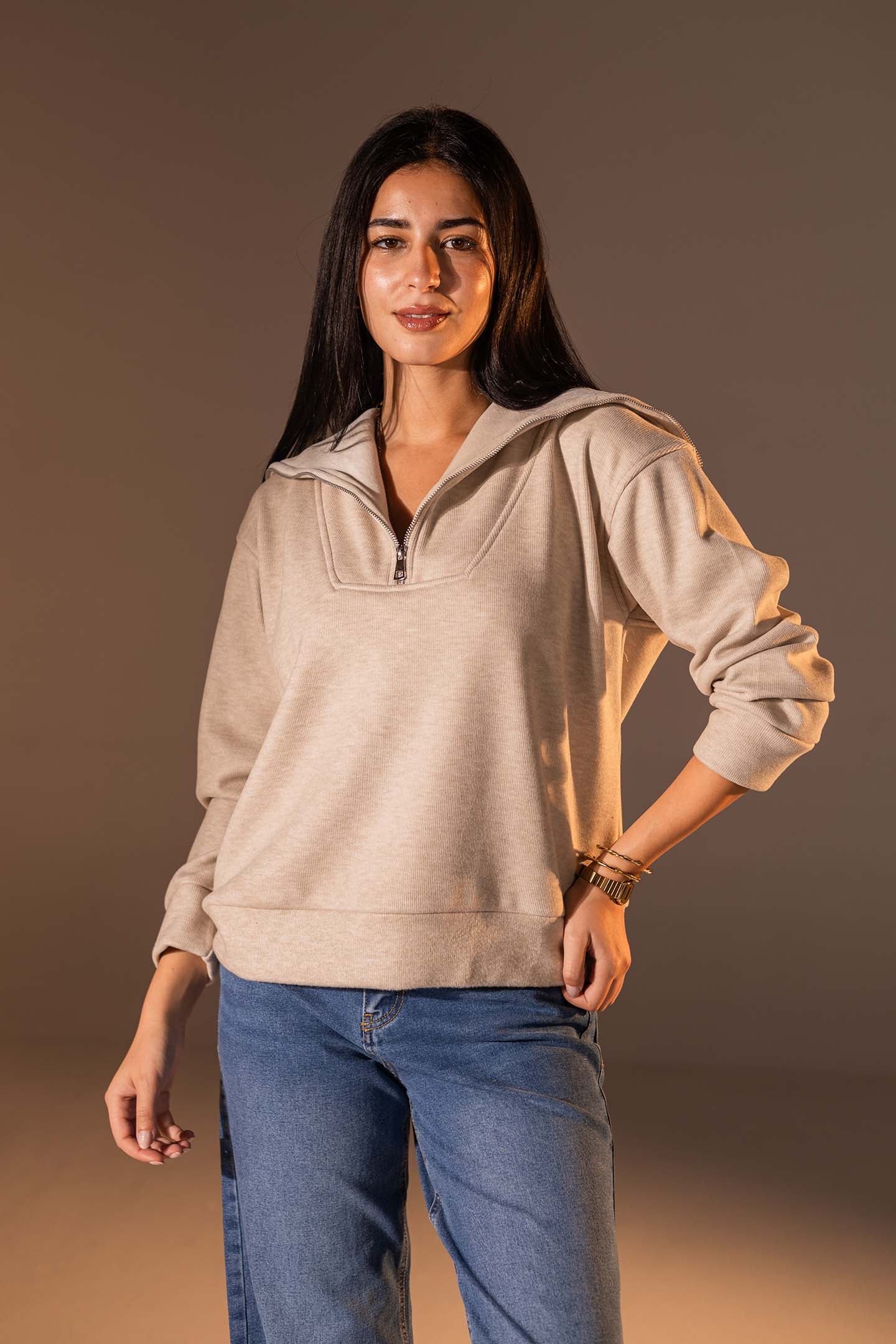 Beige Half-Zip Knit Sweater