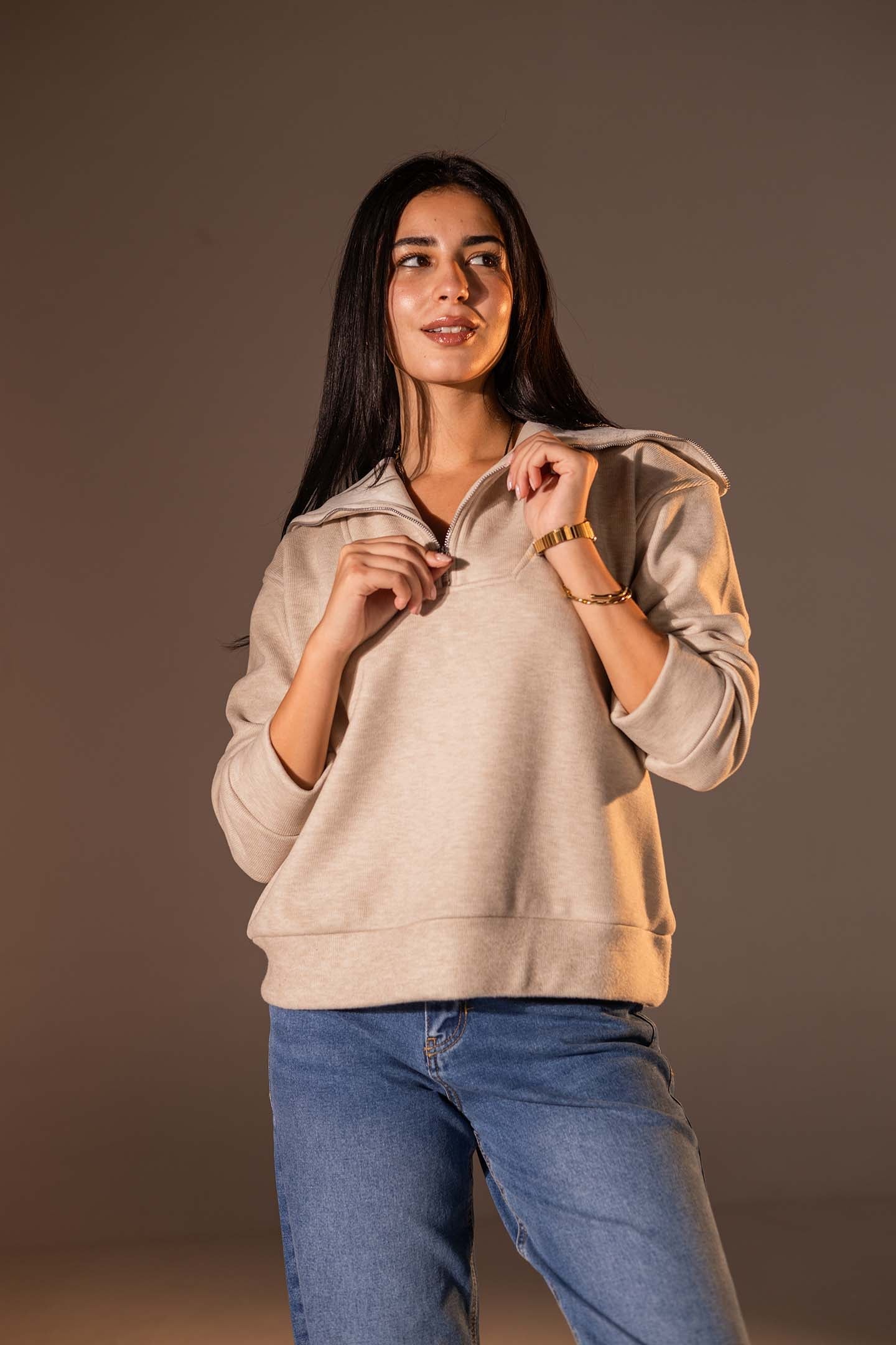 Beige Half-Zip Knit Sweater