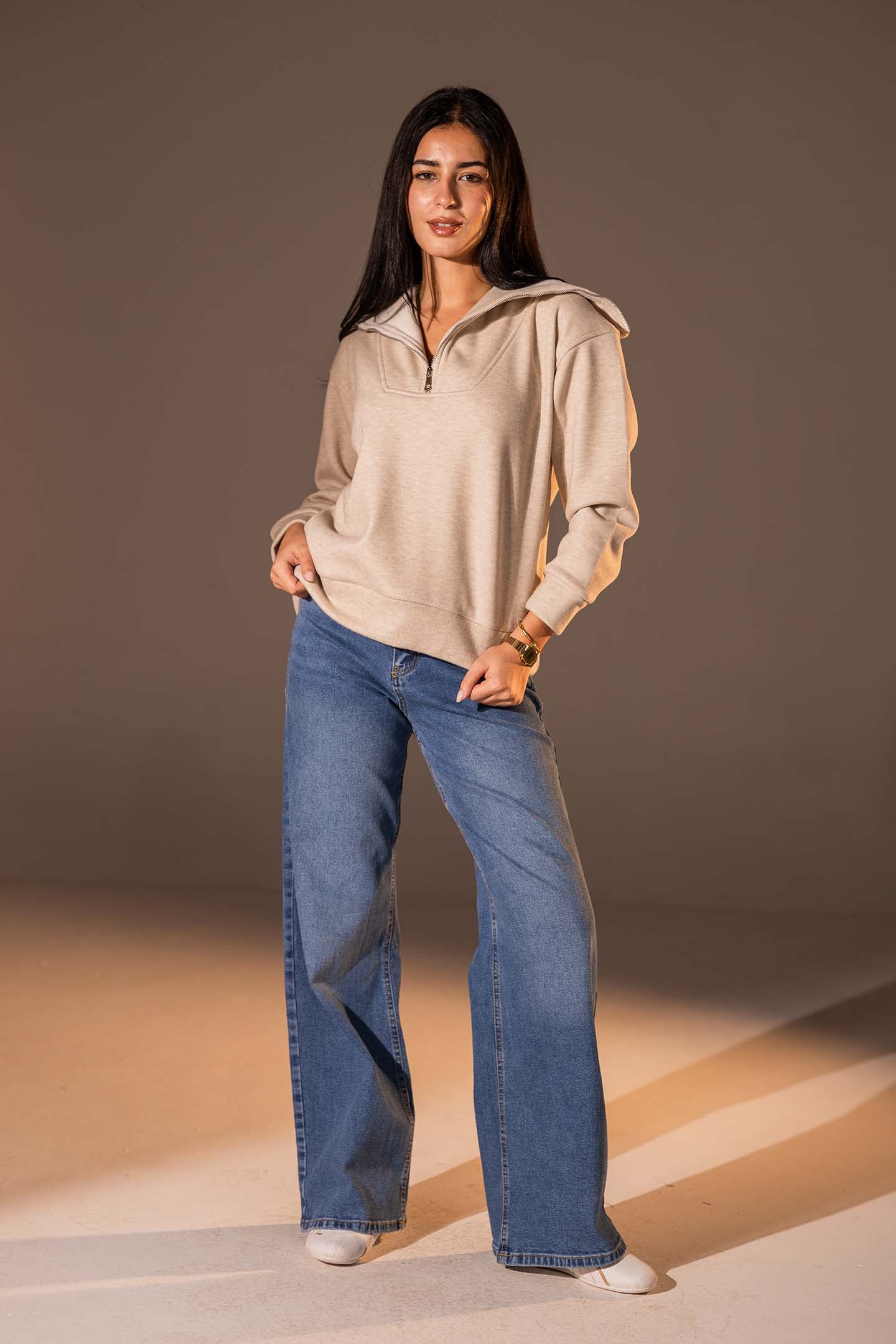 Beige Half-Zip Knit Sweater