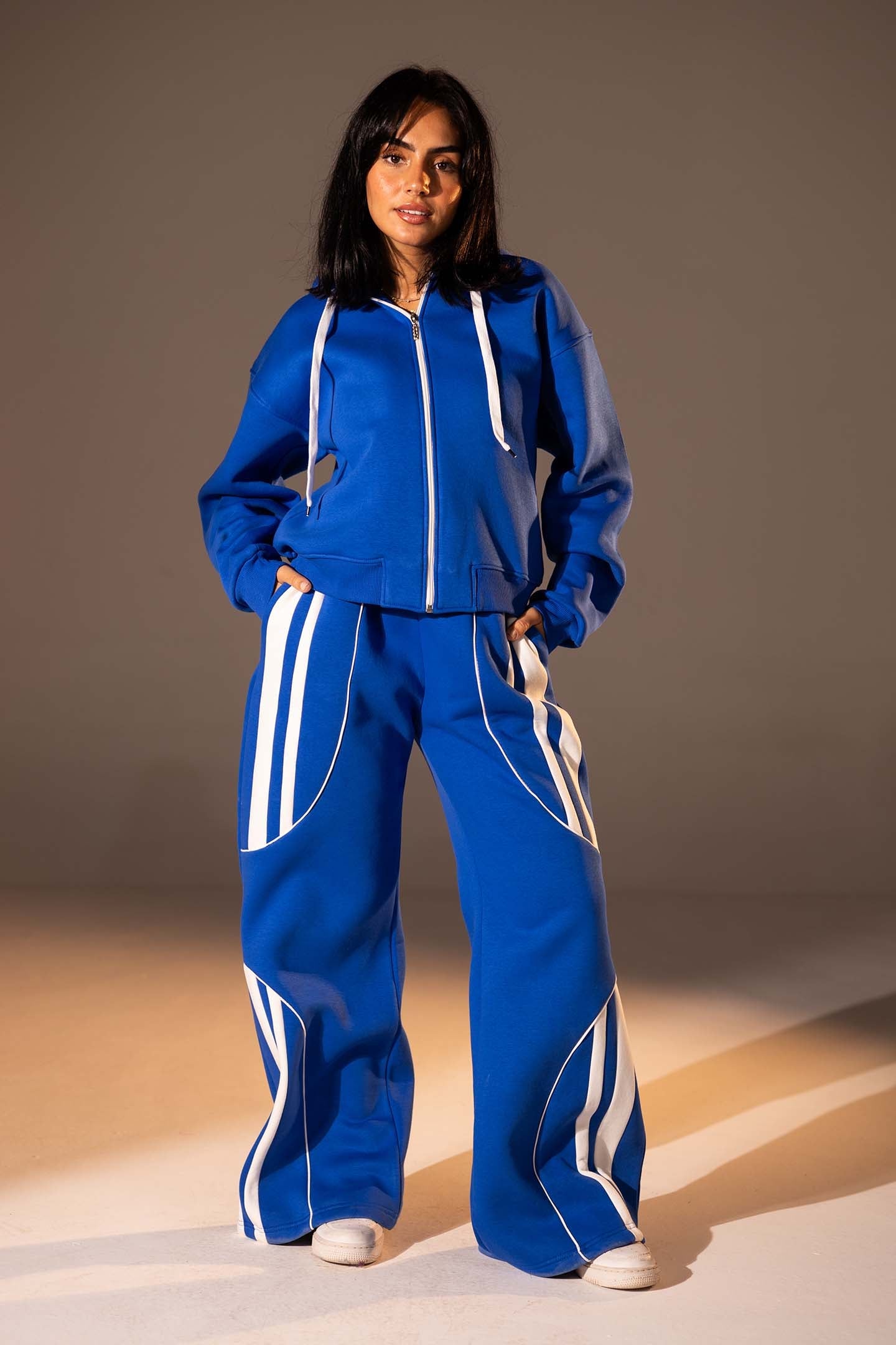 Blue Wide-Leg Set with White Curved Stripes