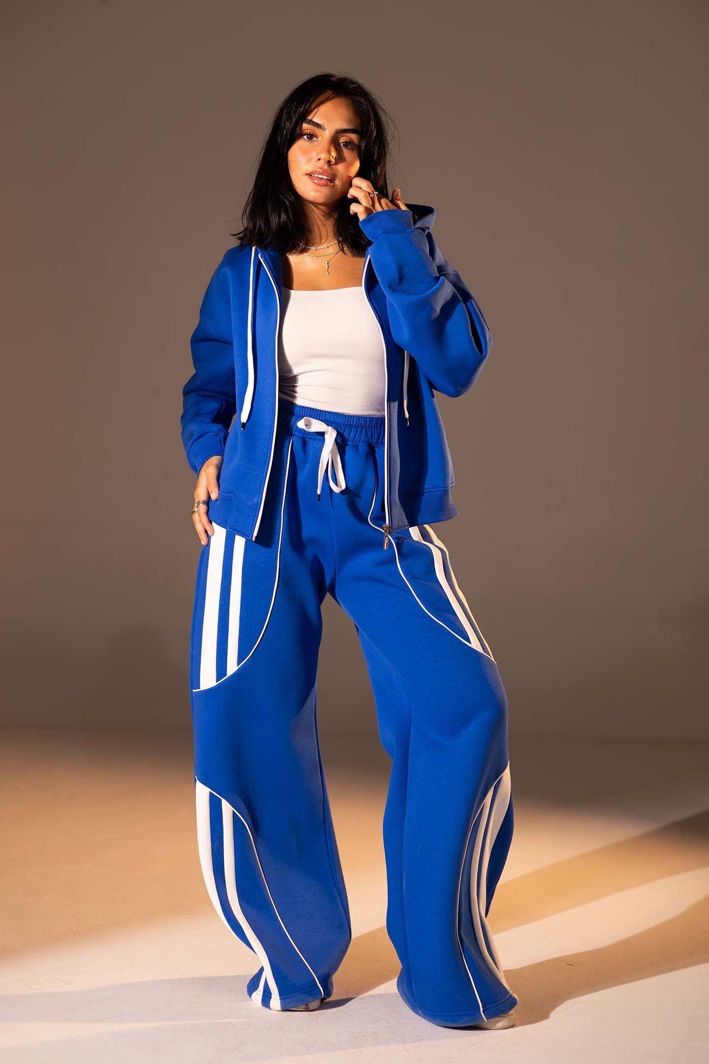 Blue Wide-Leg Set with White Curved Stripes