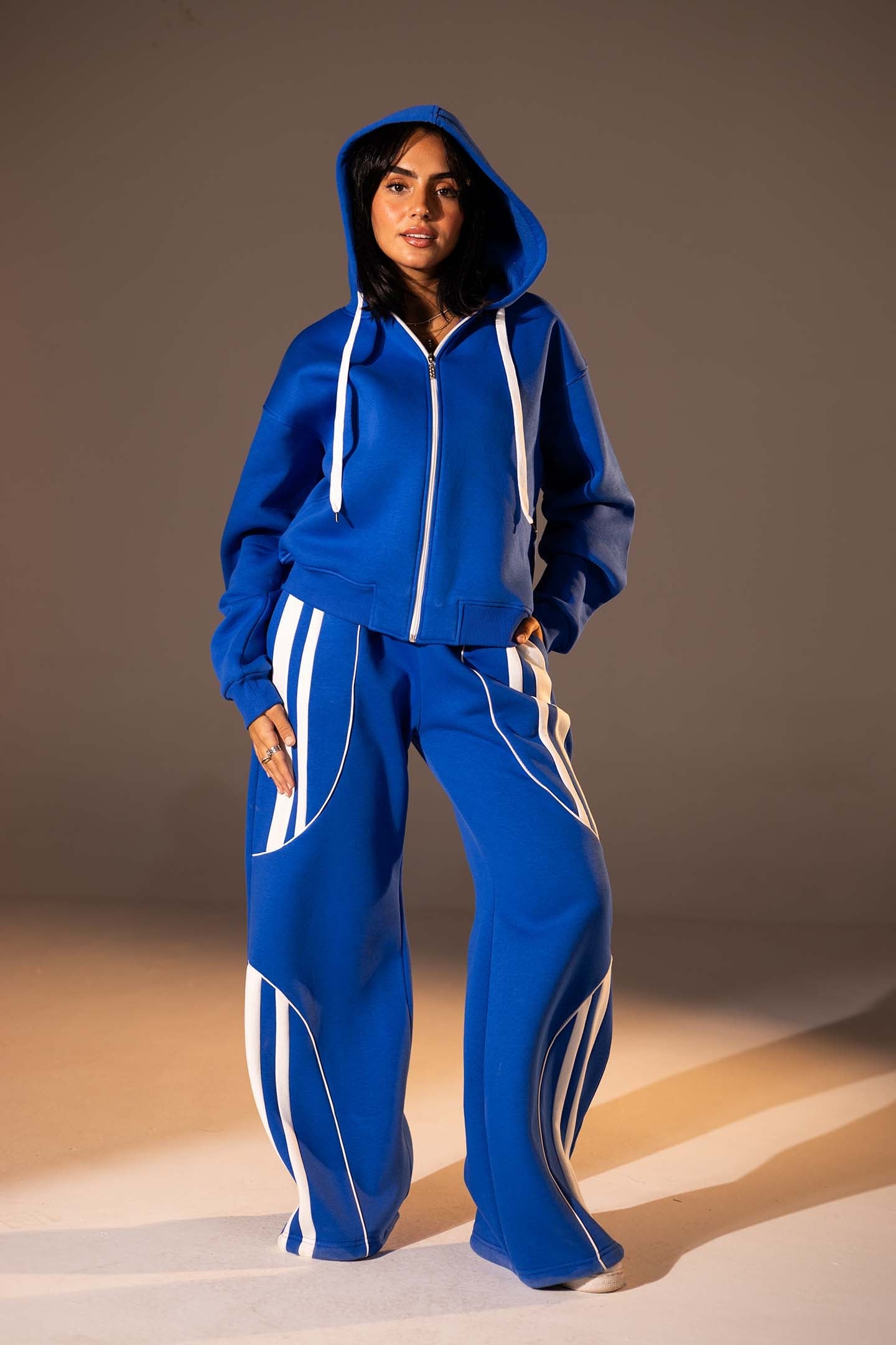 Blue Wide-Leg Set with White Curved Stripes