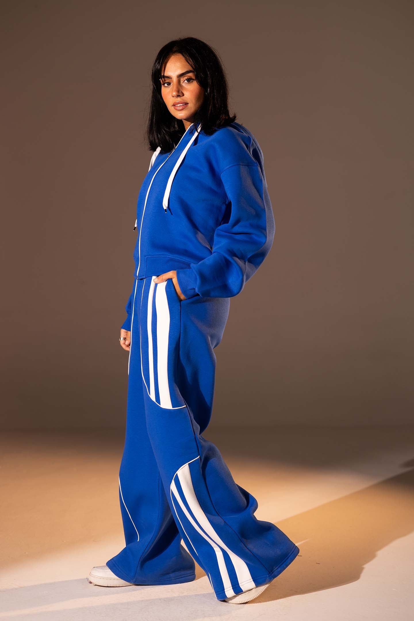 Blue Wide-Leg Set with White Curved Stripes