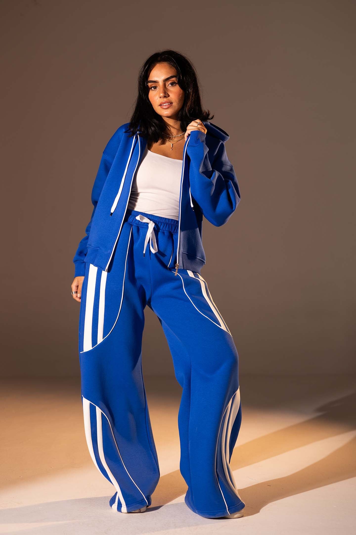 Blue Wide-Leg Set with White Curved Stripes