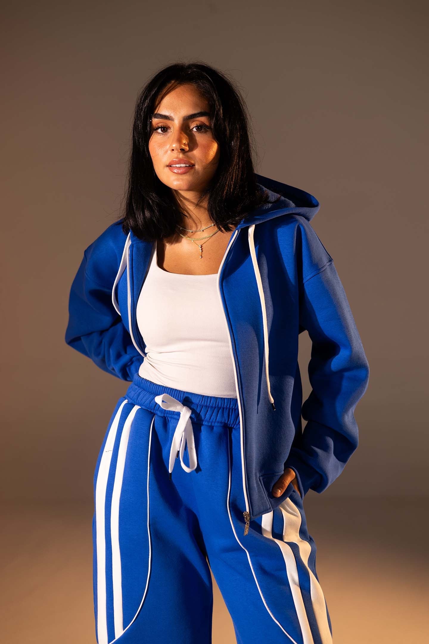 Blue Wide-Leg Set with White Curved Stripes