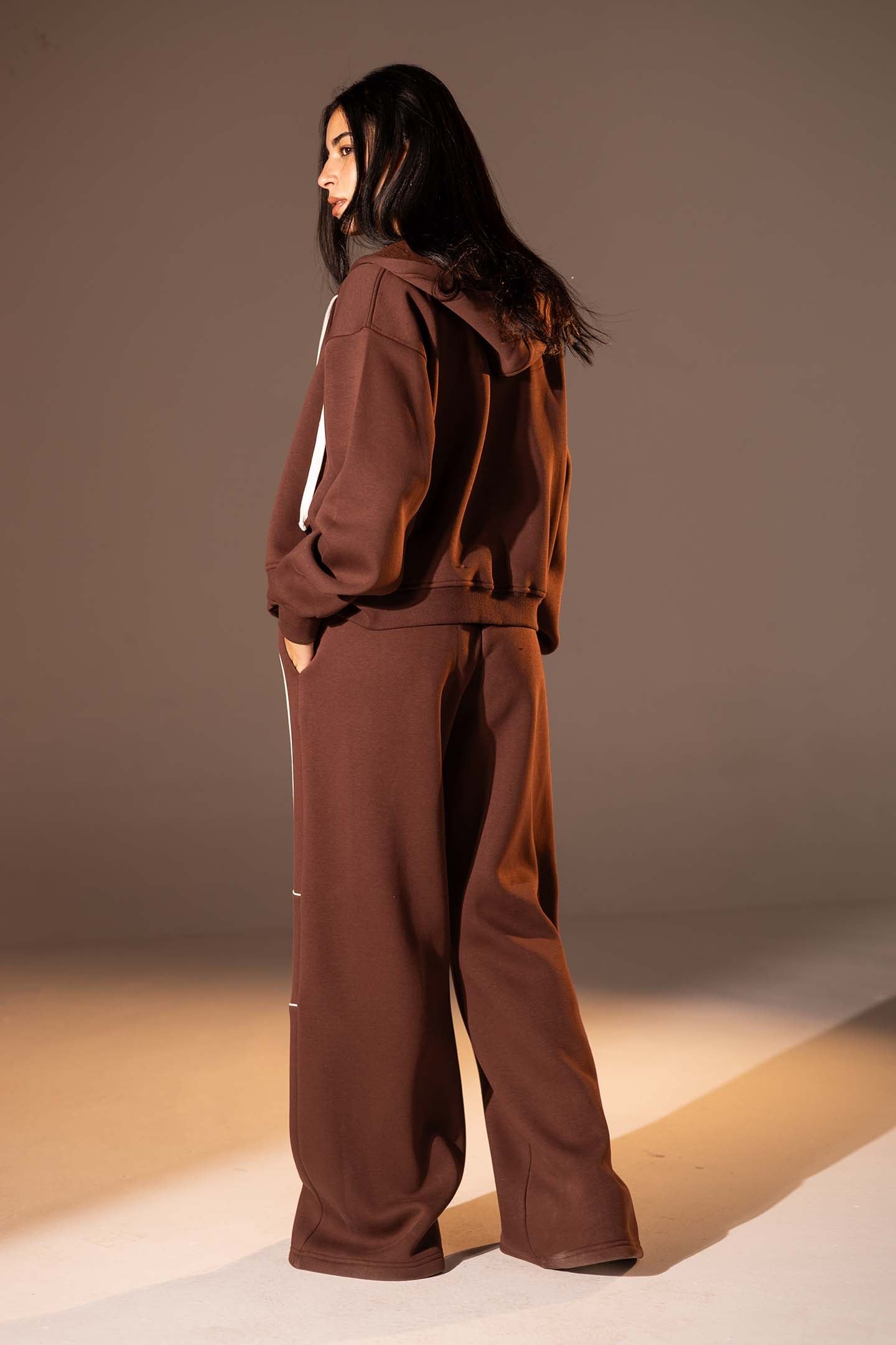 Brown Wide-Leg Set with White Curved Stripes