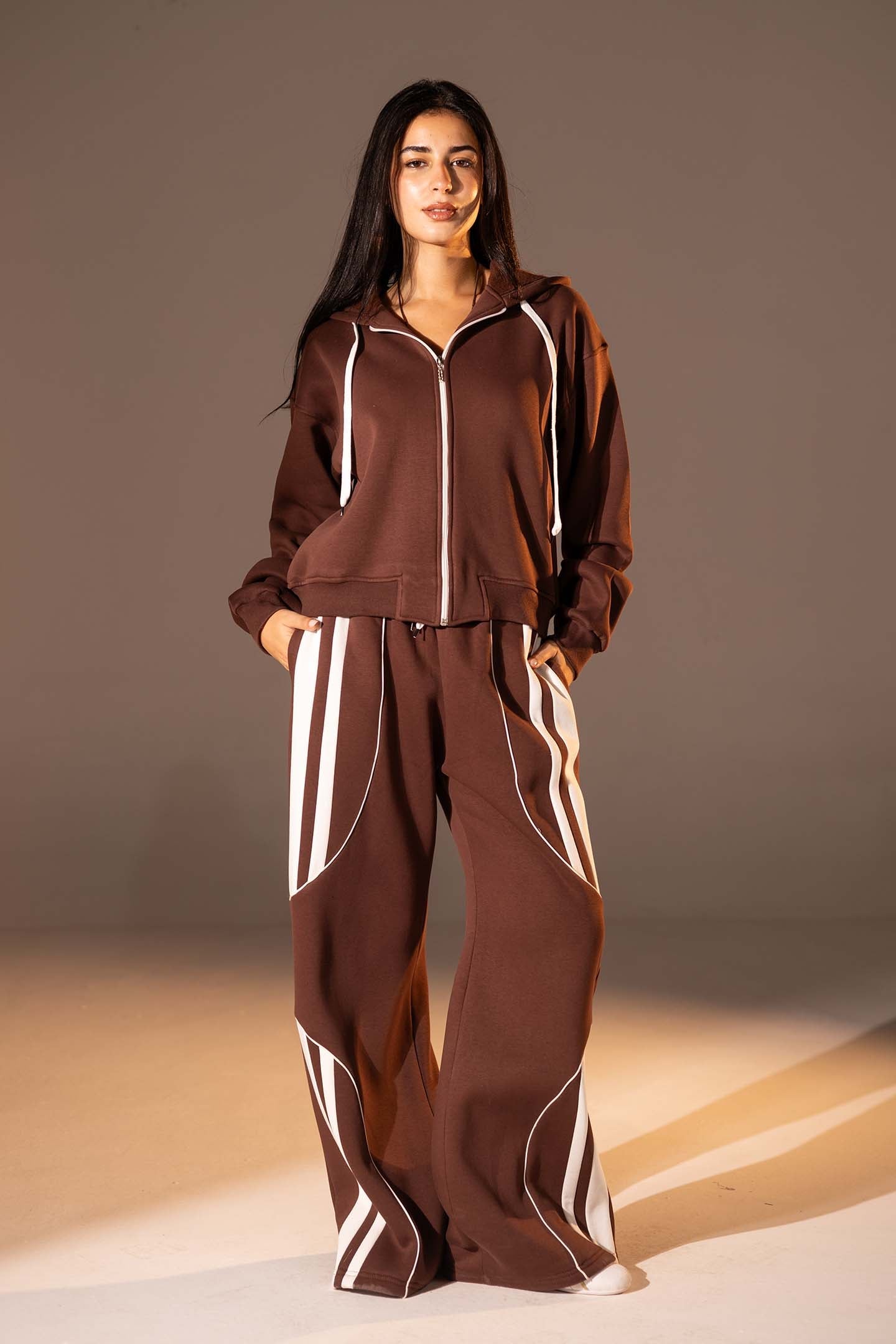 Brown Wide-Leg Set with White Curved Stripes