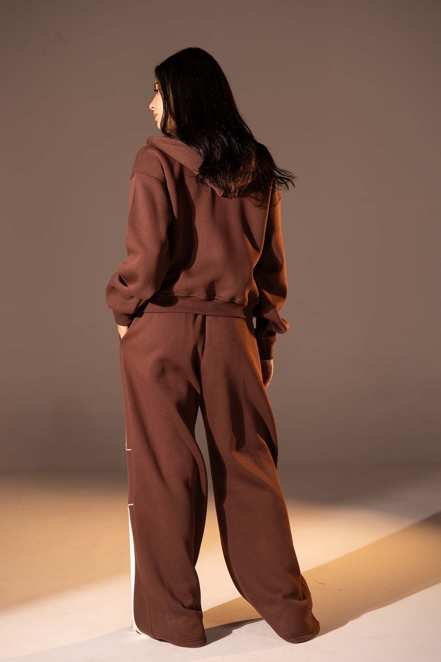 Brown Wide-Leg Set with White Curved Stripes