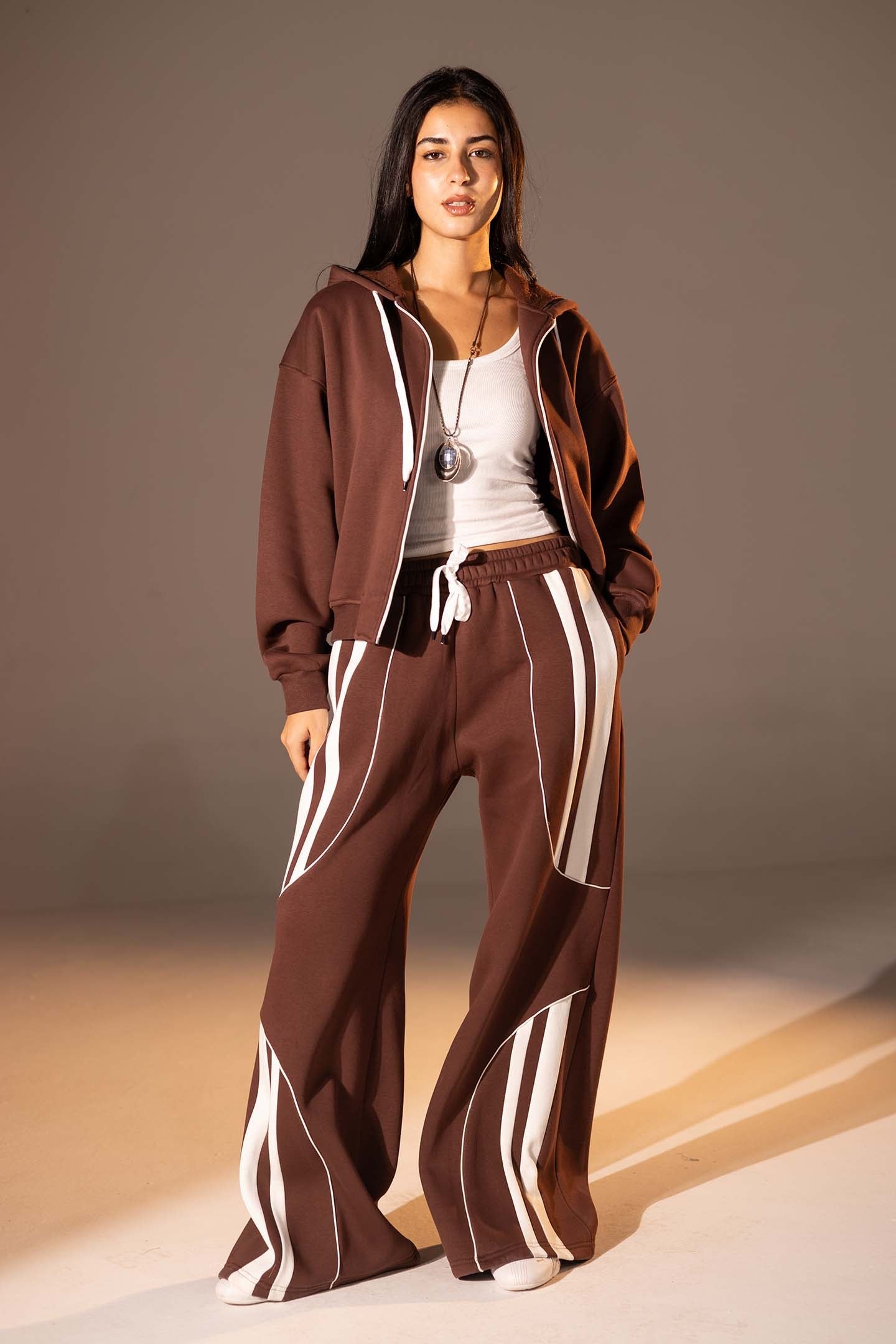 Brown Wide-Leg Set with White Curved Stripes