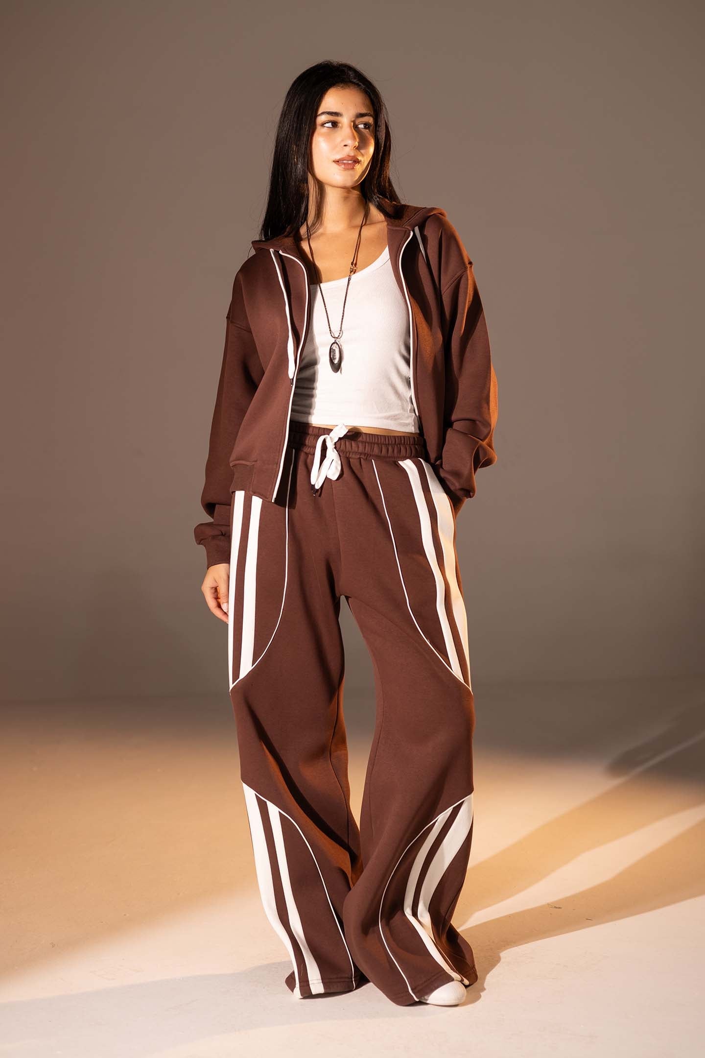 Brown Wide-Leg Set with White Curved Stripes