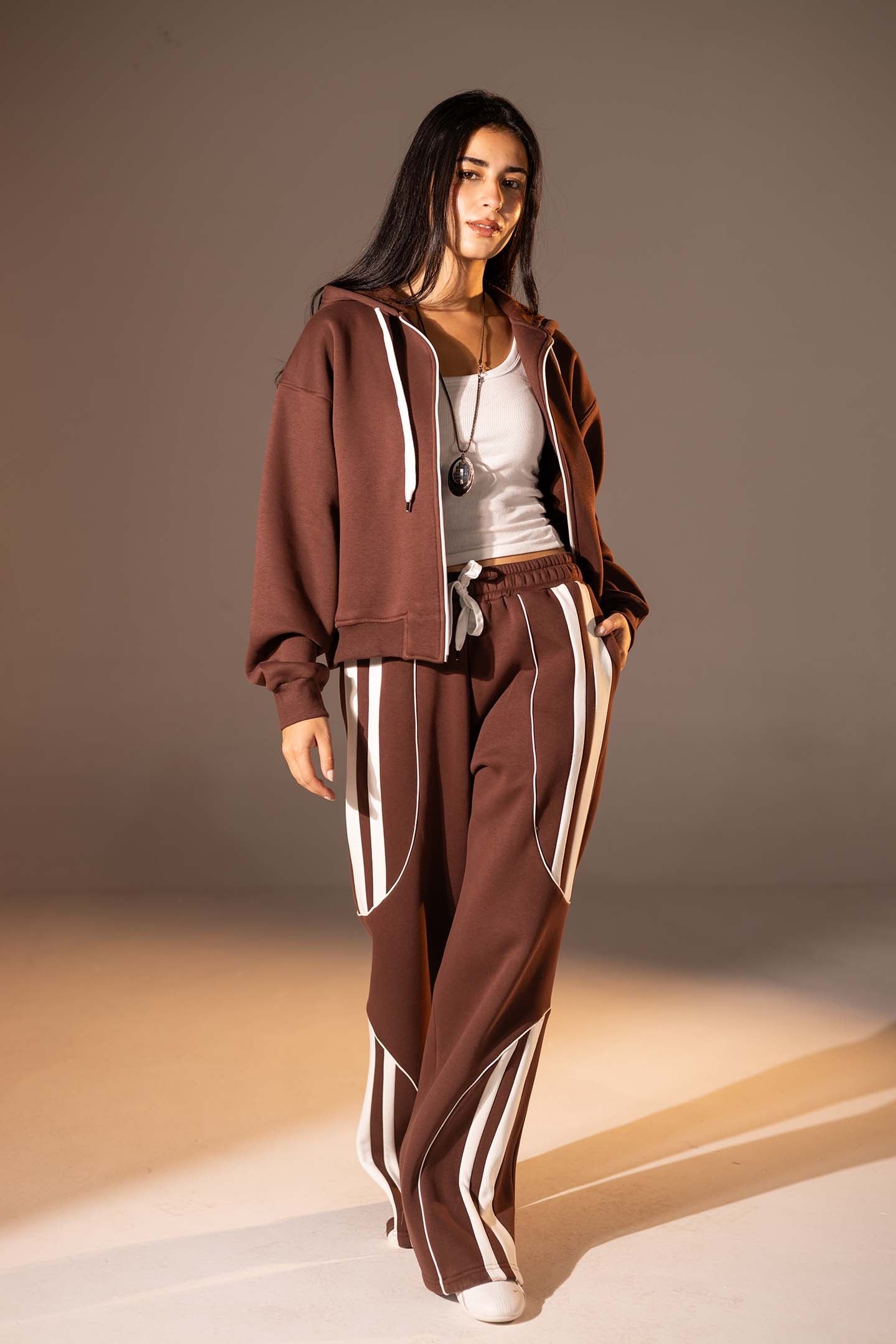 Brown Wide-Leg Set with White Curved Stripes