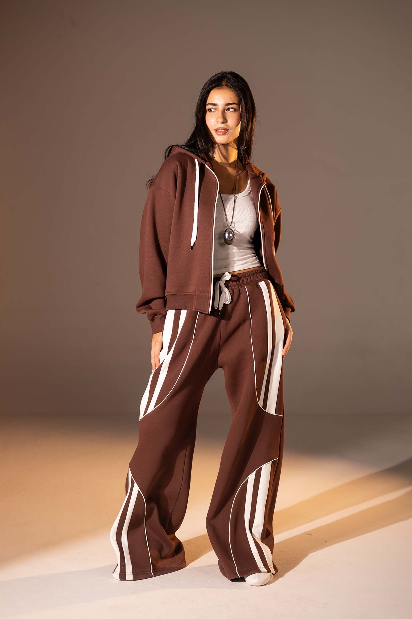 Brown Wide-Leg Set with White Curved Stripes