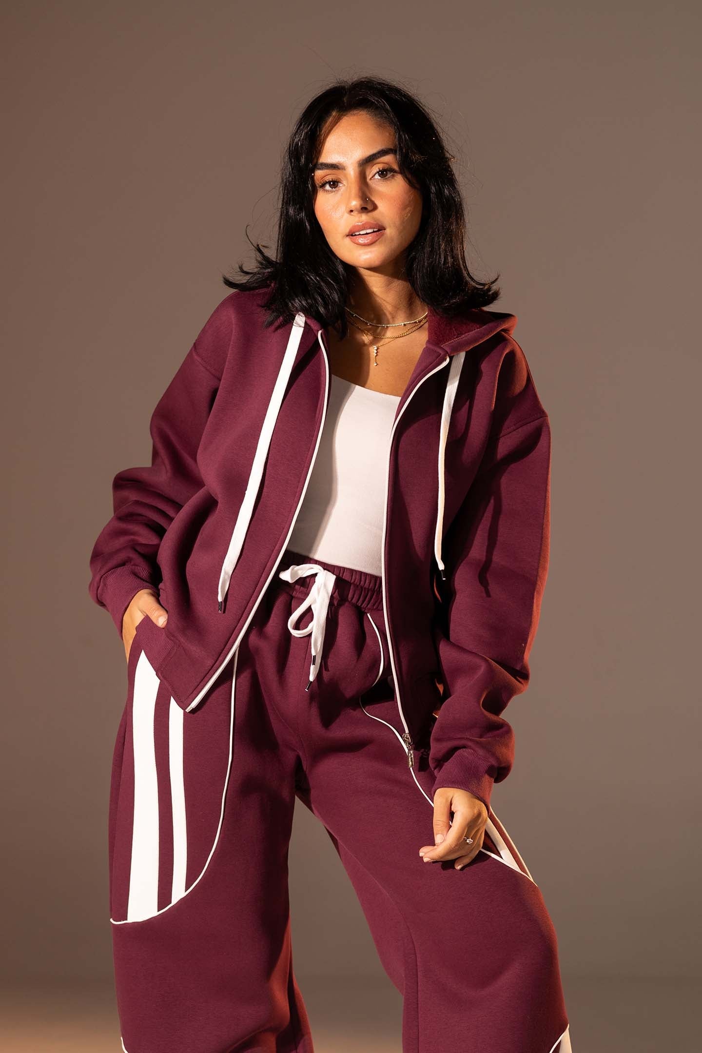 Burgundy Wide-Leg Set with White Curved Stripes