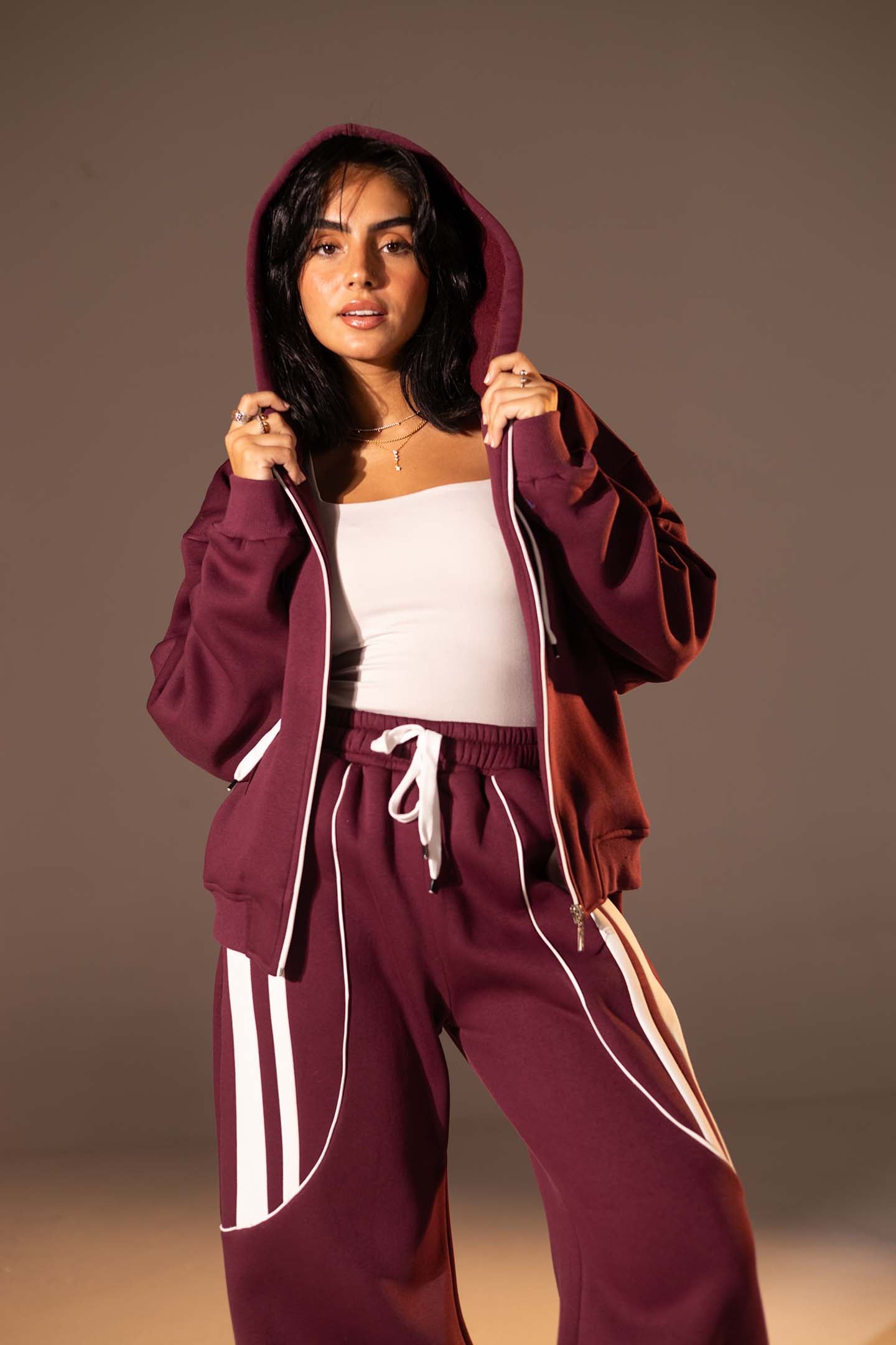 Burgundy Wide-Leg Set with White Curved Stripes