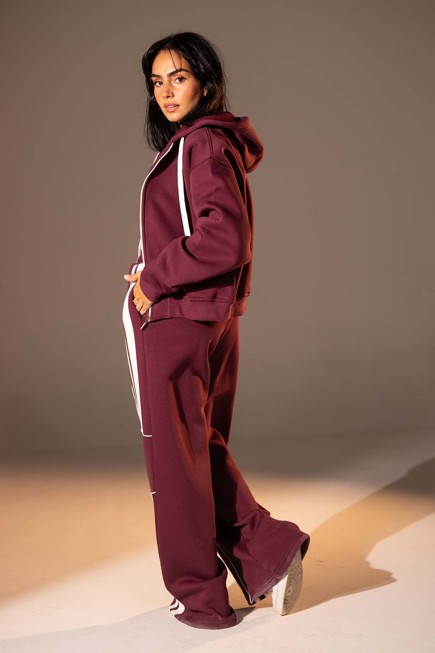Burgundy Wide-Leg Set with White Curved Stripes