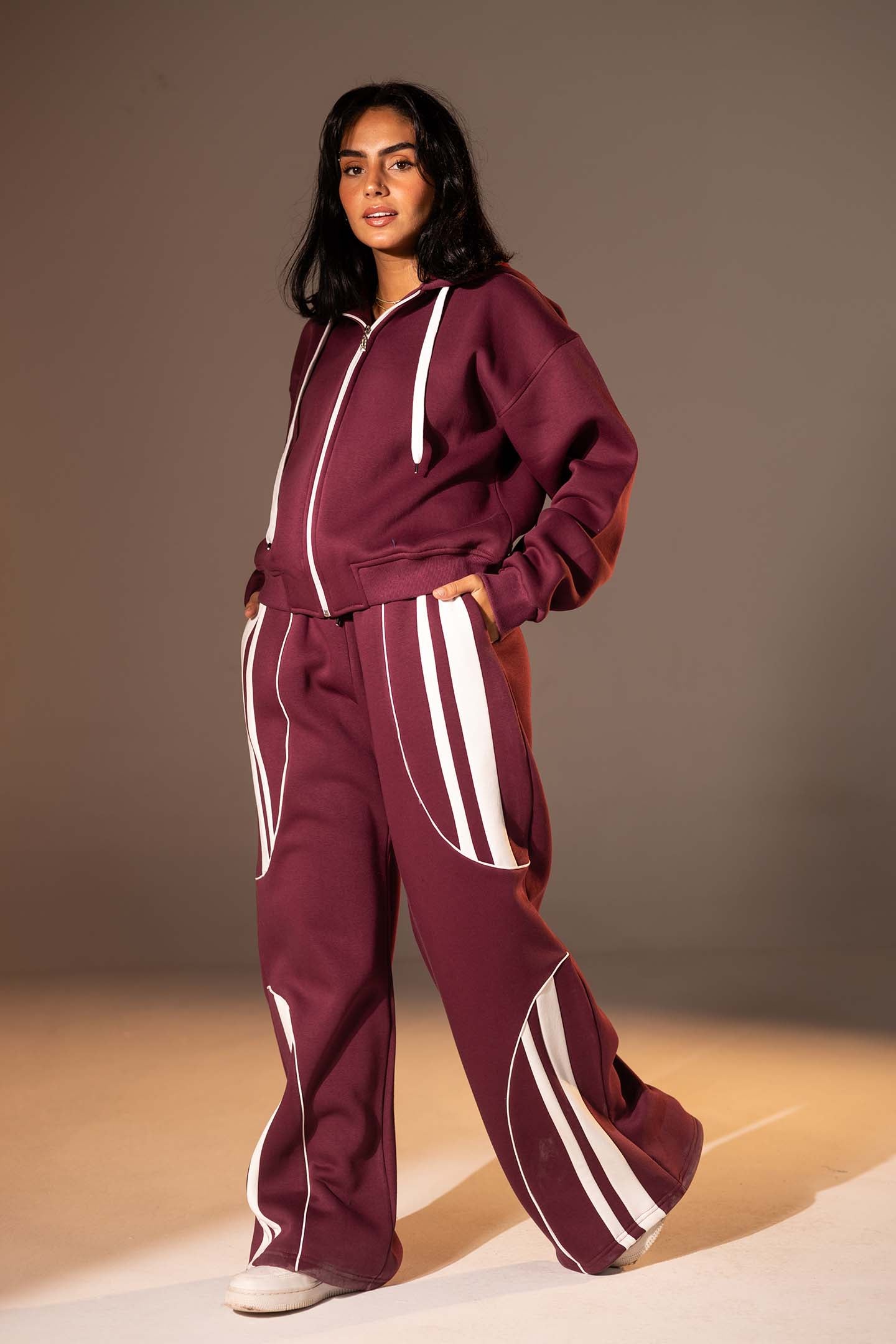 Burgundy Wide-Leg Set with White Curved Stripes