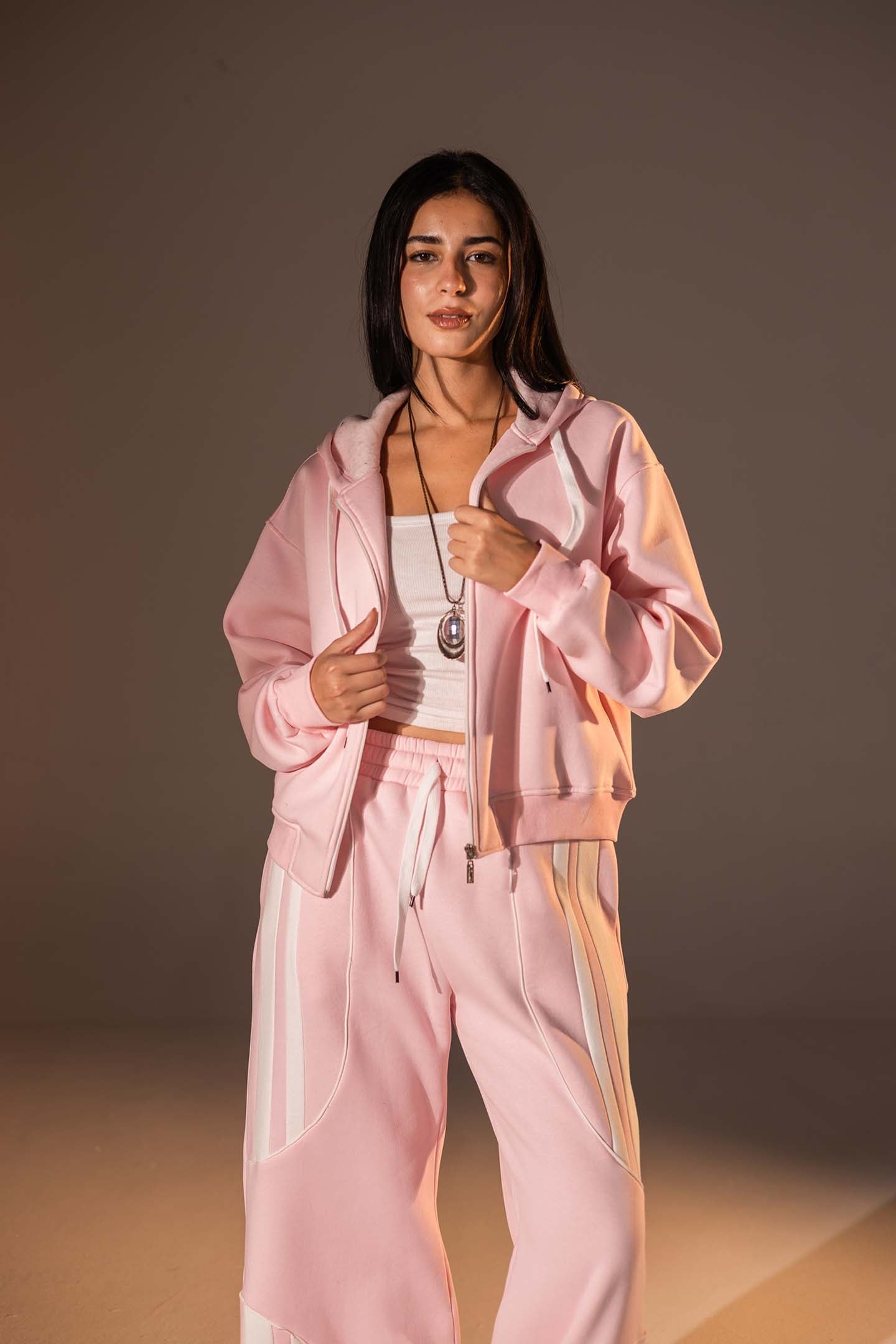 Rose Wide-Leg Set with White Curved Stripes