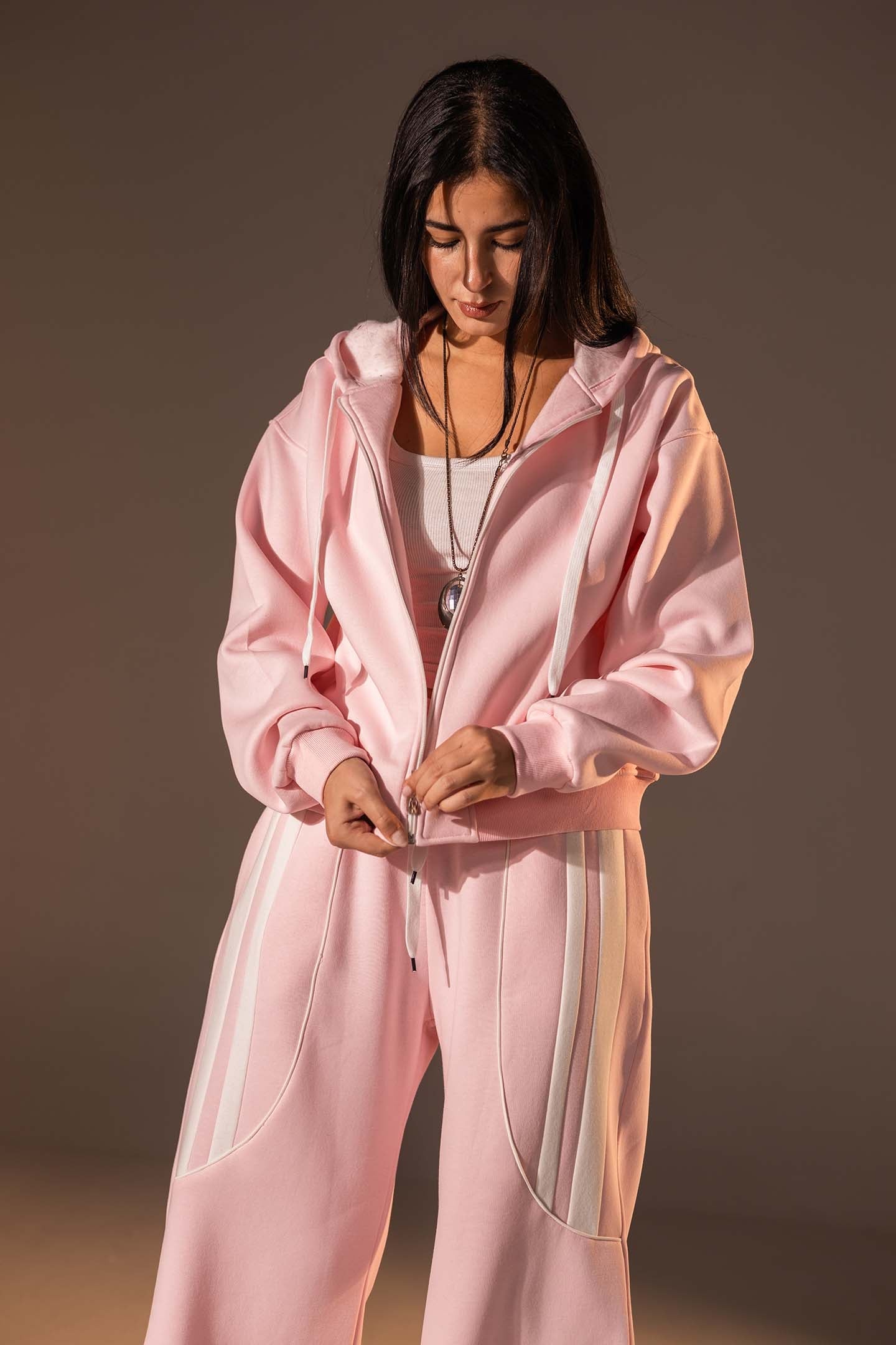 Rose Wide-Leg Set with White Curved Stripes