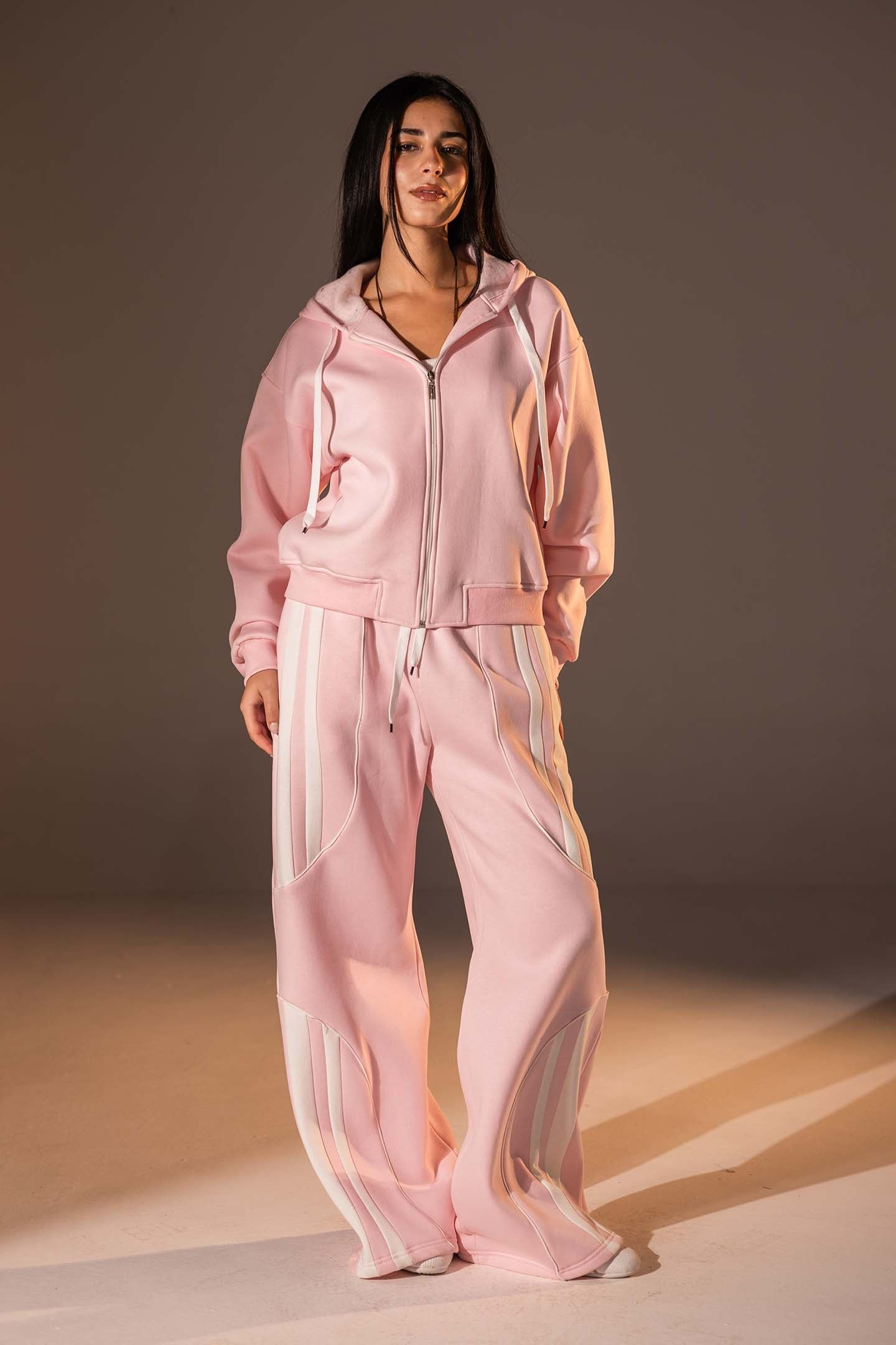 Rose Wide-Leg Set with White Curved Stripes