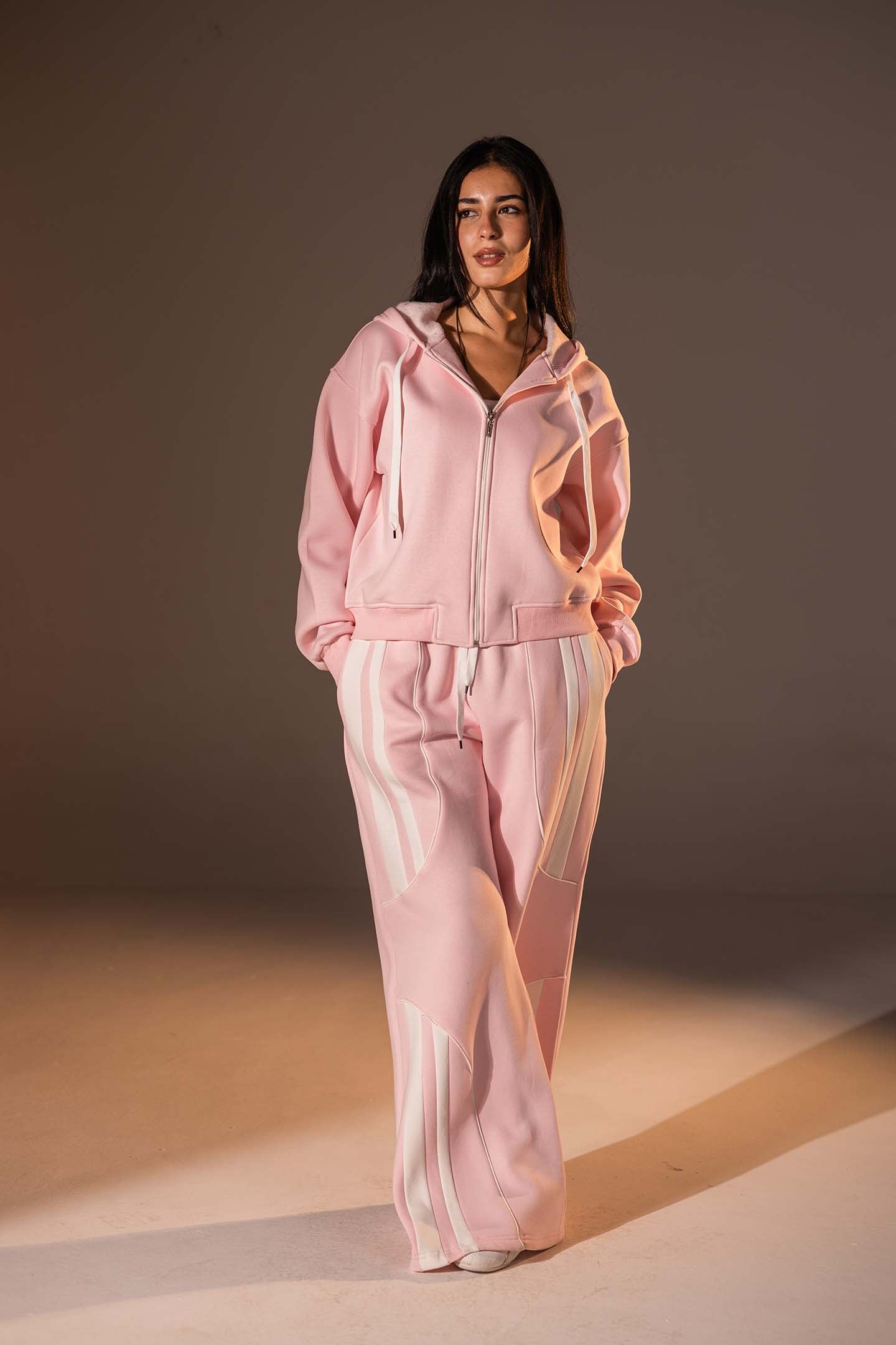 Rose Wide-Leg Set with White Curved Stripes